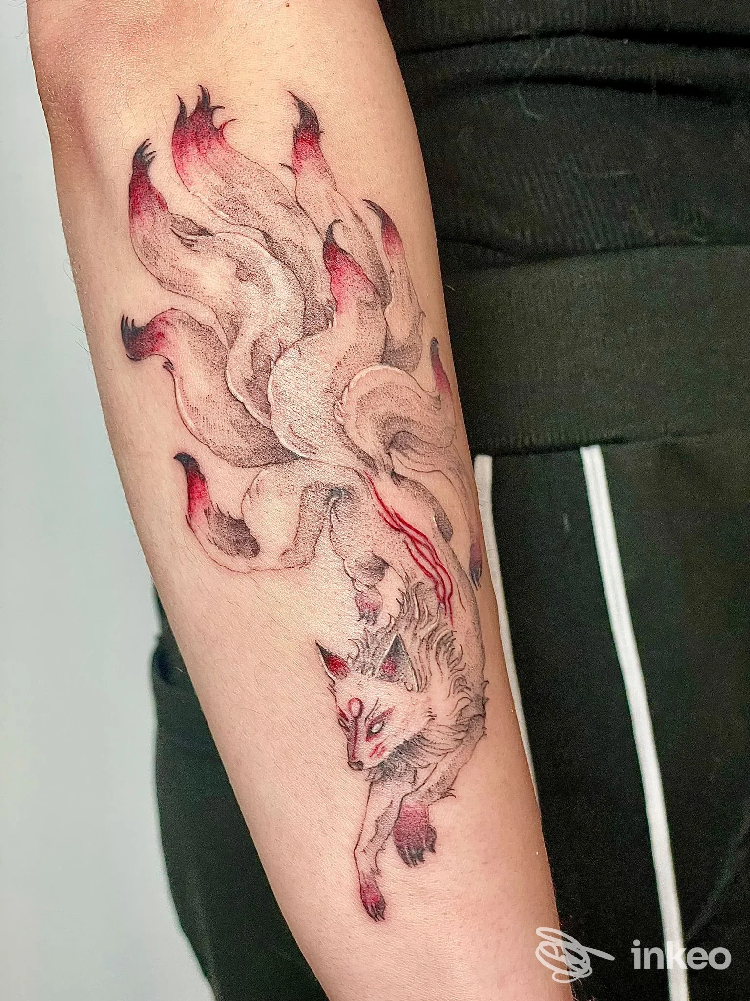 Tatuaggio su avambraccio raffigurante una volpe a nove code in stile linee sottili con accenti rossi. Arte Incisa Tattoo, Chirignago-Zelarino.