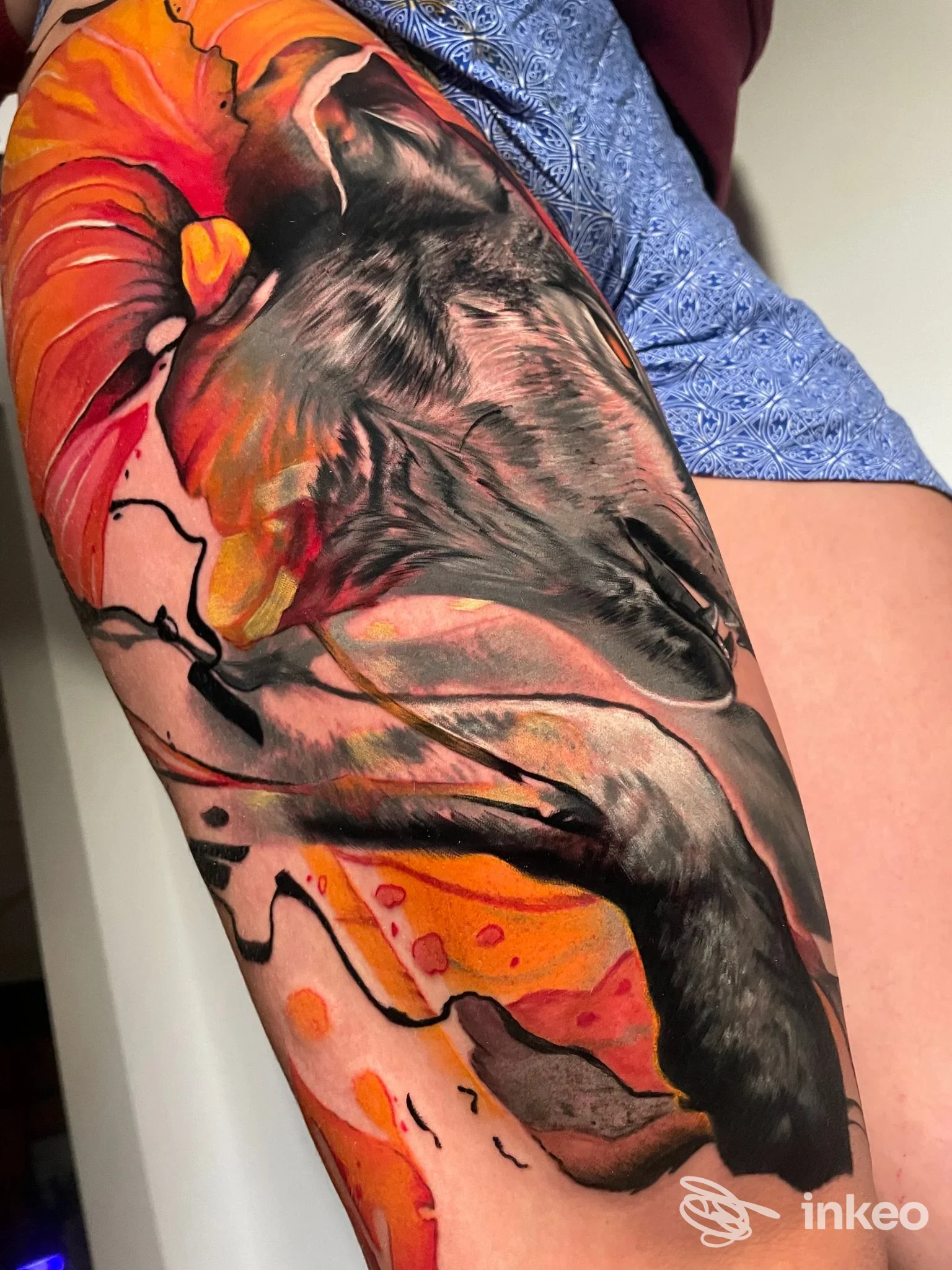 Tatuaggio colore vivo sulla coscia, fotografia fornita da Dark Alley Tattoo Studio a Zevio.