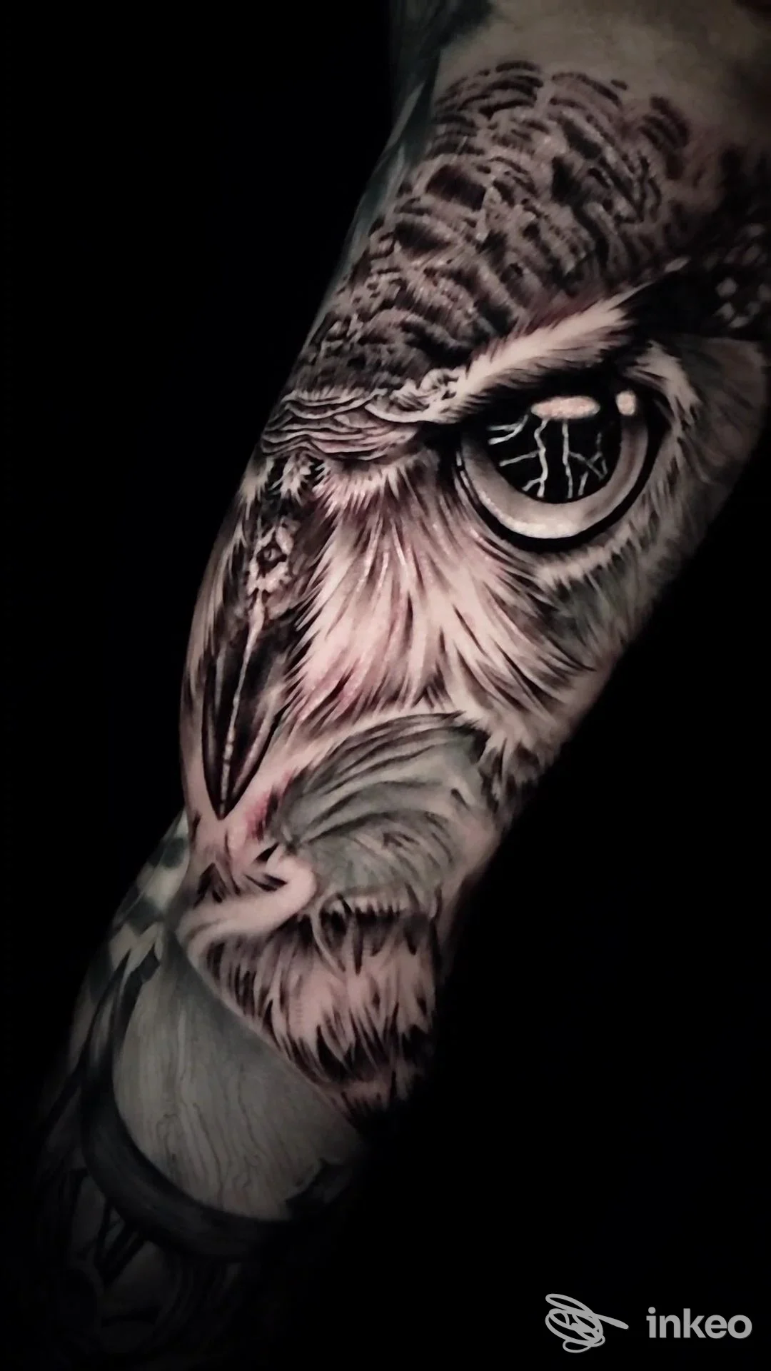 Tatuaggio realistico di gufo sul braccio, realizzato sulla pelle con dettagli in bianco e nero.