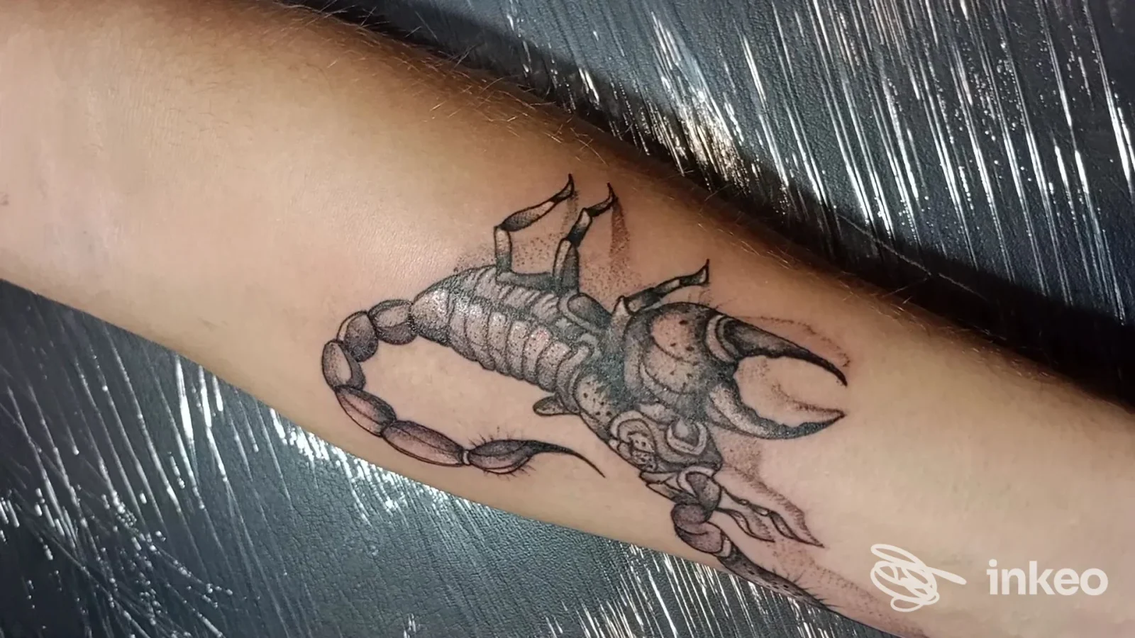 Primo piano di un tatuaggio scorpione in bianco e nero sull'avambraccio, realizzato da Dirty Line Tattoo Studio a Padova.