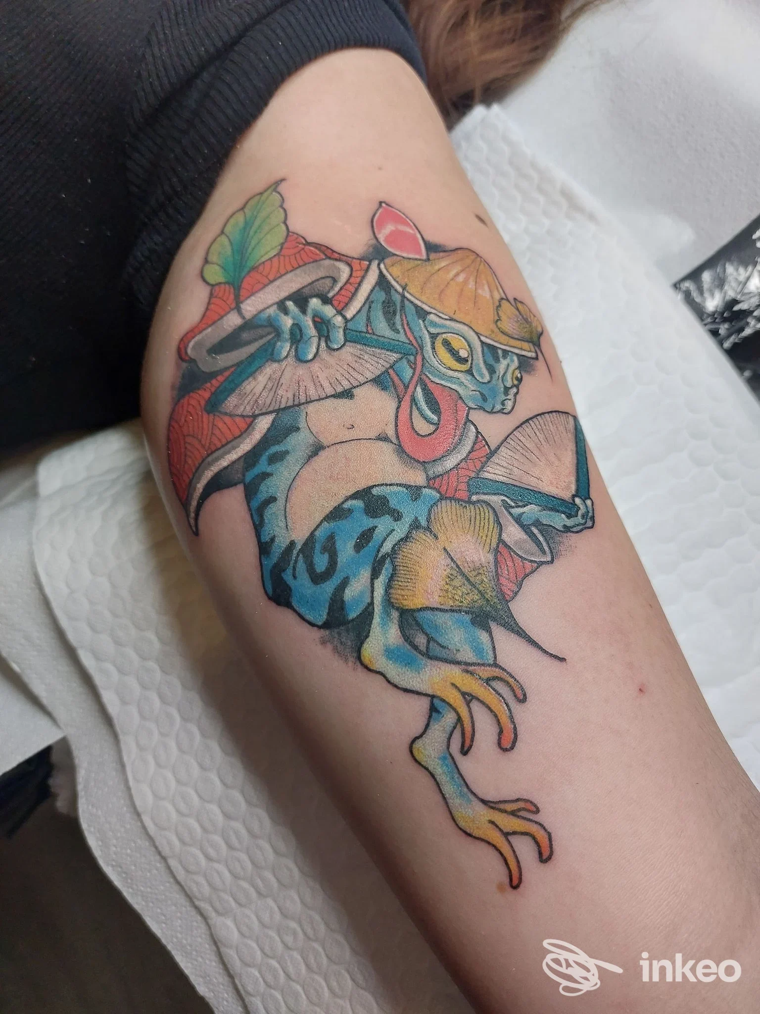 Tatuaggio colorato su avambraccio raffigurante una creatura anfibia stilizzata, foto da First Order Tattoo Studio a Padova.