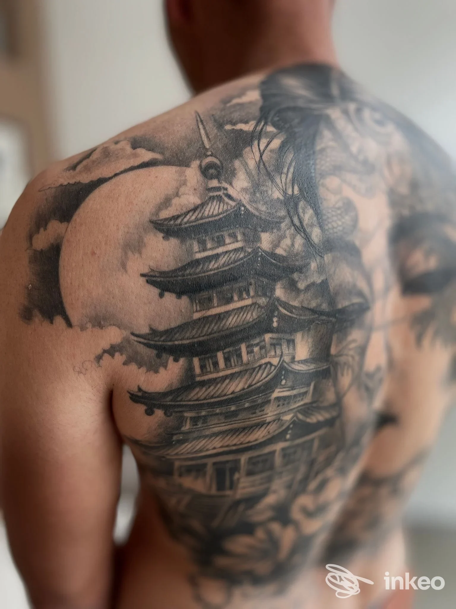 Ampio tatuaggio black&grey a pagoda sulla schiena, fotografia inviata da HandMade Tattoo Lab, Este.