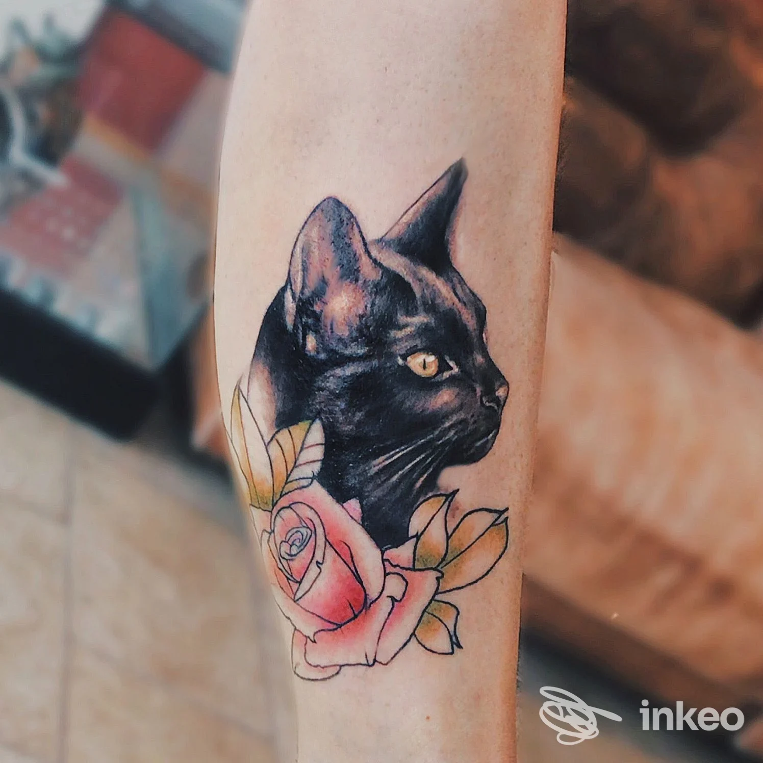 Tatuaggio su avambraccio con testa di gatto nero in profilo e rosa, fotografia proveniente da Gamma Line Tattoo & Piercing, Sedico.
