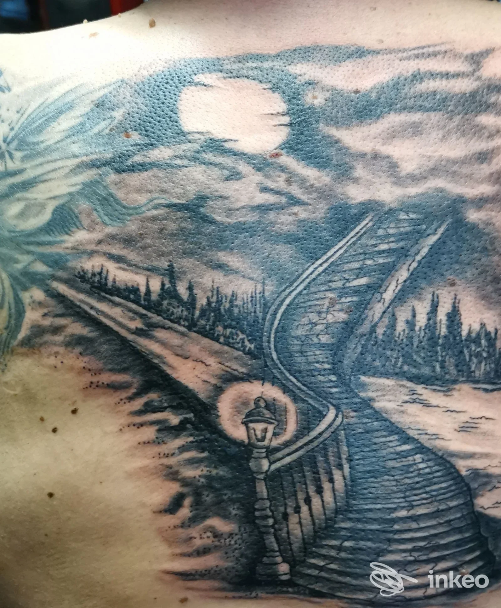 Tatuaggio paesaggio in bianco e nero che copre il torace superiore, fotografia fornita da Gigi Tattoo a Montecchio Maggiore.