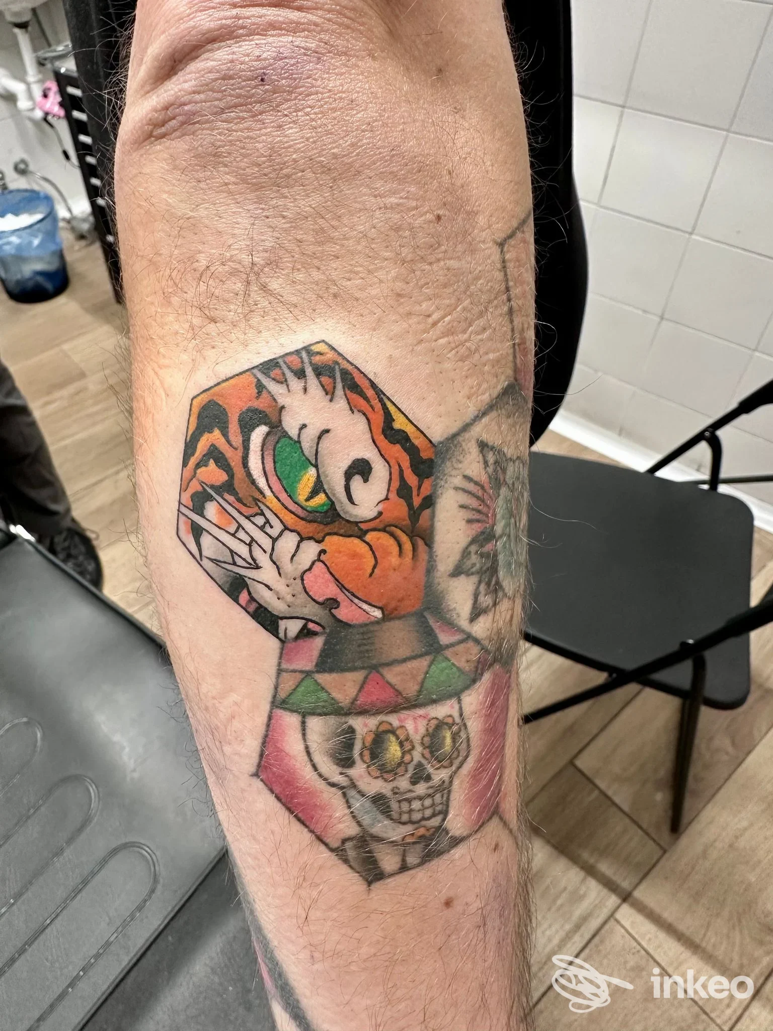 Tatuaggio colorato su avambraccio fotografato nello studio INKAE TATTOO a Venezia.