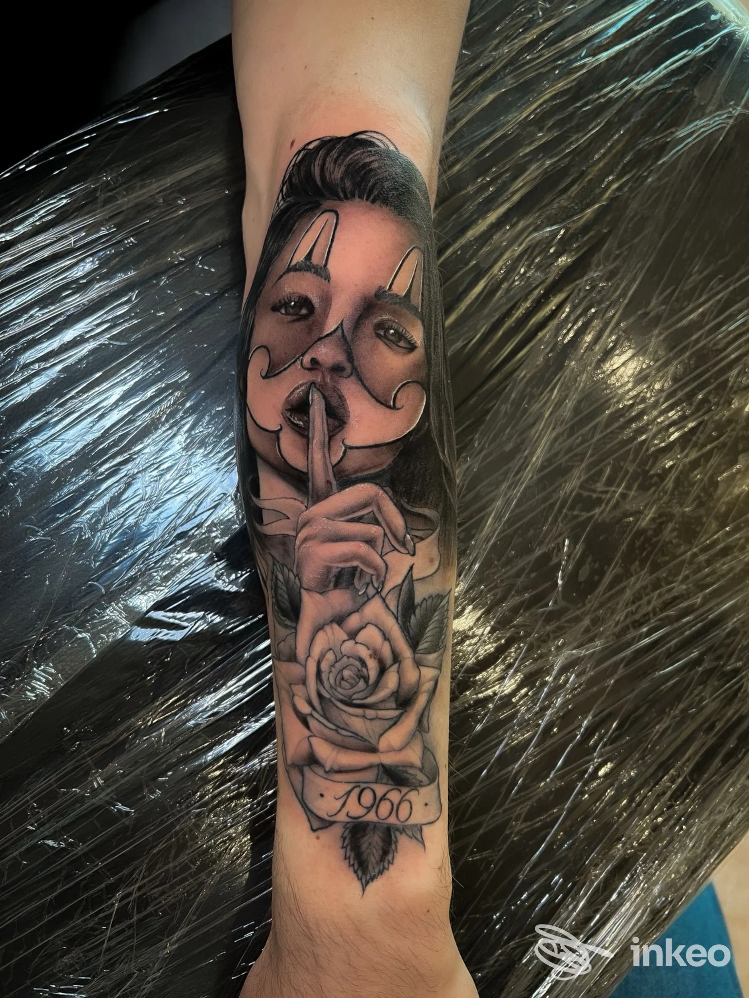 Tatuaggio realistico in bianco e nero su avambraccio: volto mascherato, dito che indica silenzio, rosa e cartiglio '1966' — Karashò Tattoo Studio, Raldon.