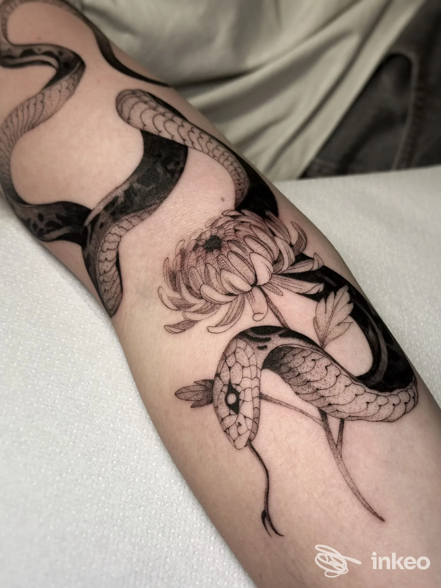 Tatuaggio di serpente avvolto attorno a un crisantemo sull'avambraccio, realizzato da LV Tattoo Studio a Montecchio Maggiore.