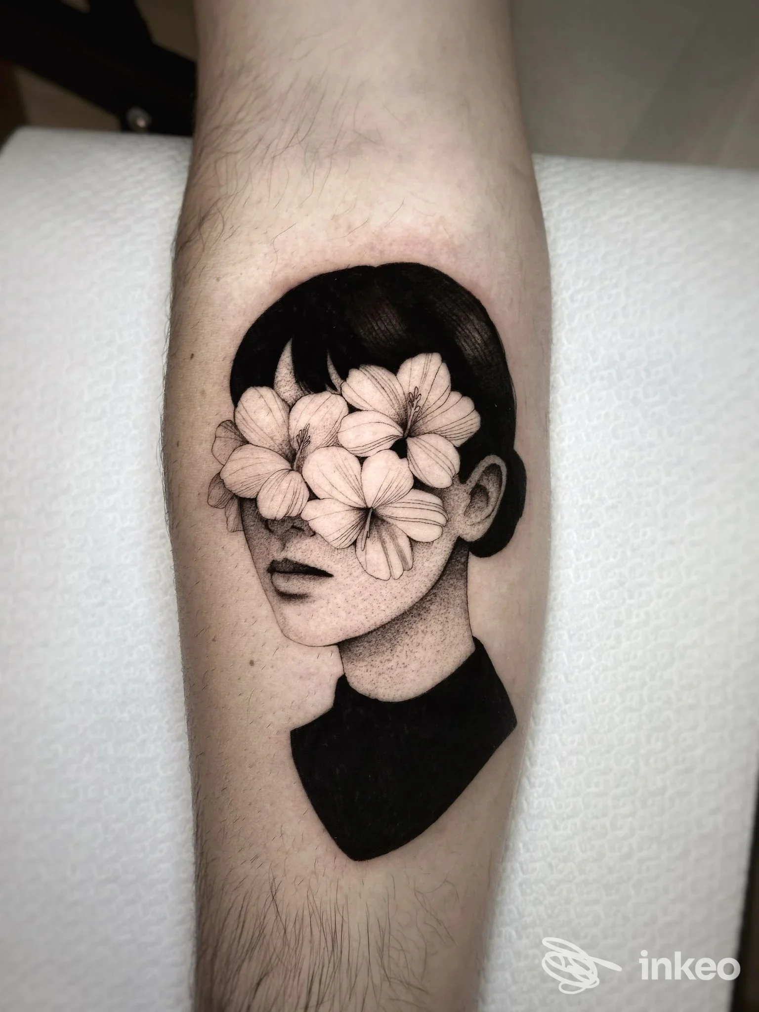 Tatuaggio su avambraccio: ritratto stilizzato con fiori sugli occhi, eseguito da LV Tattoo Studio a Montecchio Maggiore.