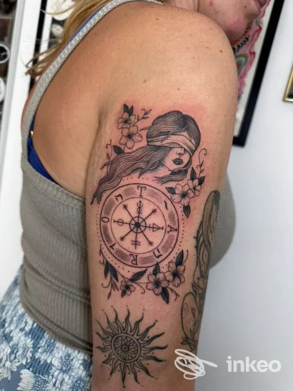 Tatuaggio sul braccio superiore con donna bendata e bussola circolare, fiori decorativi — Loose Doggs Tattoo Studio, Venezia.