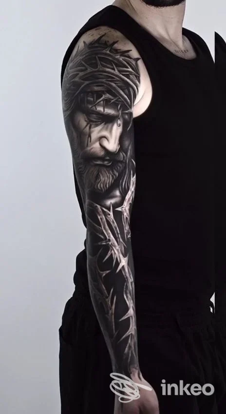 Tatuaggio a manica completa con volto sacro e spine sul braccio sinistro, foto fornita da L' ink Tattoo Studio a Cadoneghe.