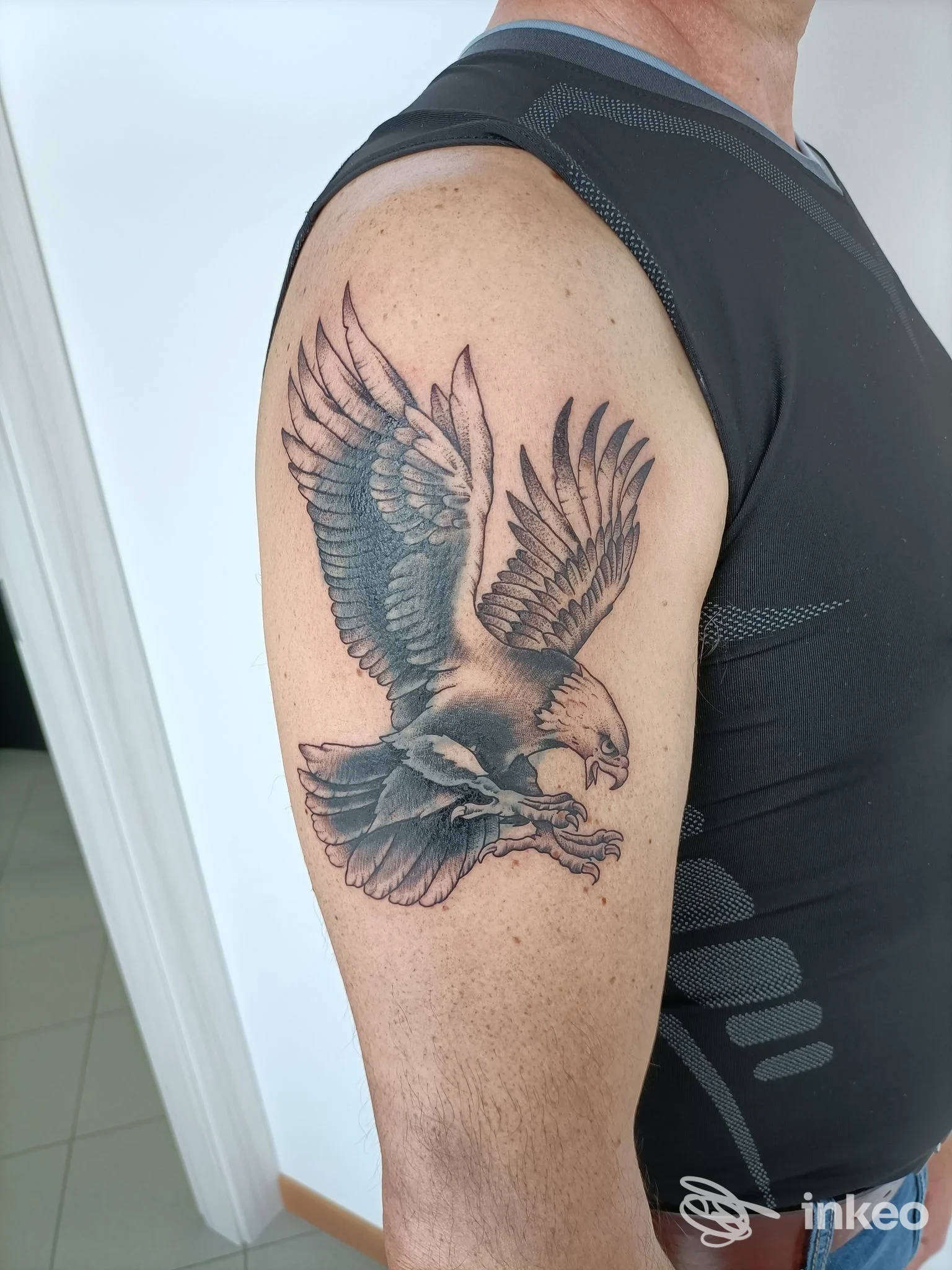 Tatuaggio a inchiostro nero/grigio di un'aquila in volo sul braccio superiore, foto fornita da Mastodon Tattoo Verona a Lugagnano.