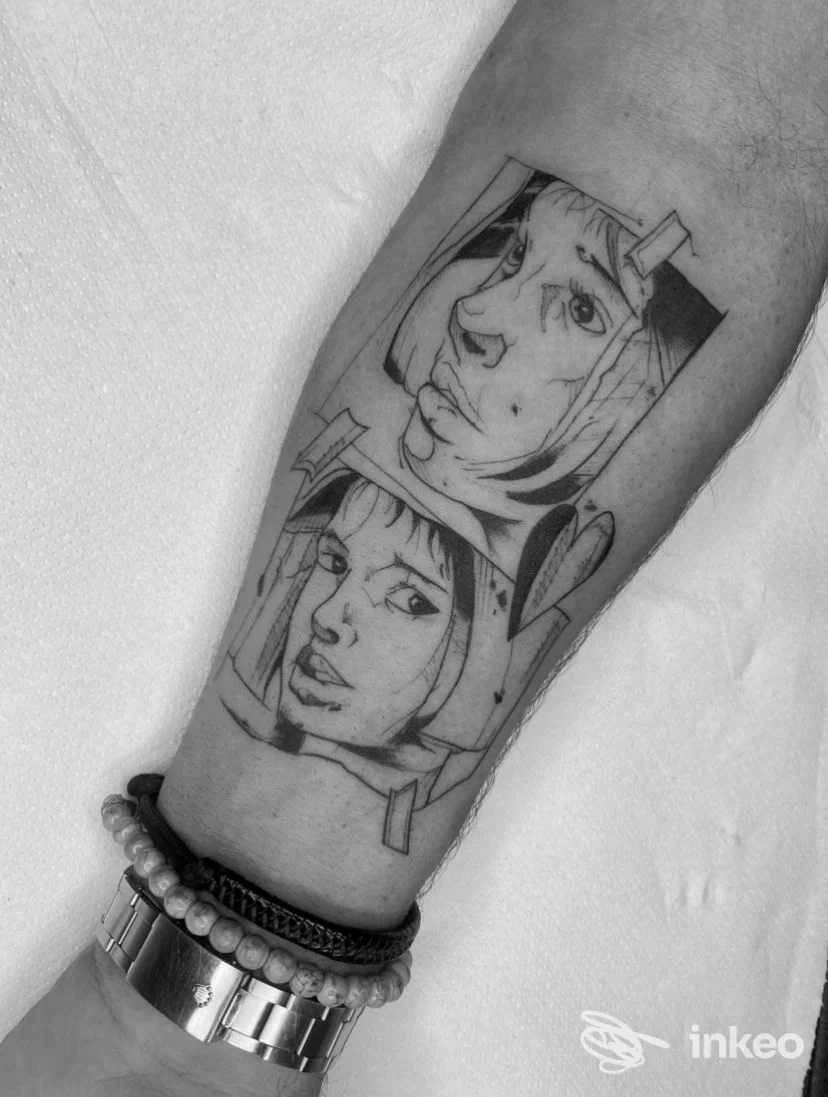 Tatuaggio in bianco e nero su avambraccio con due volti stilizzati, Not Equal Tattoo (Veleno Tattoo), Thiene.