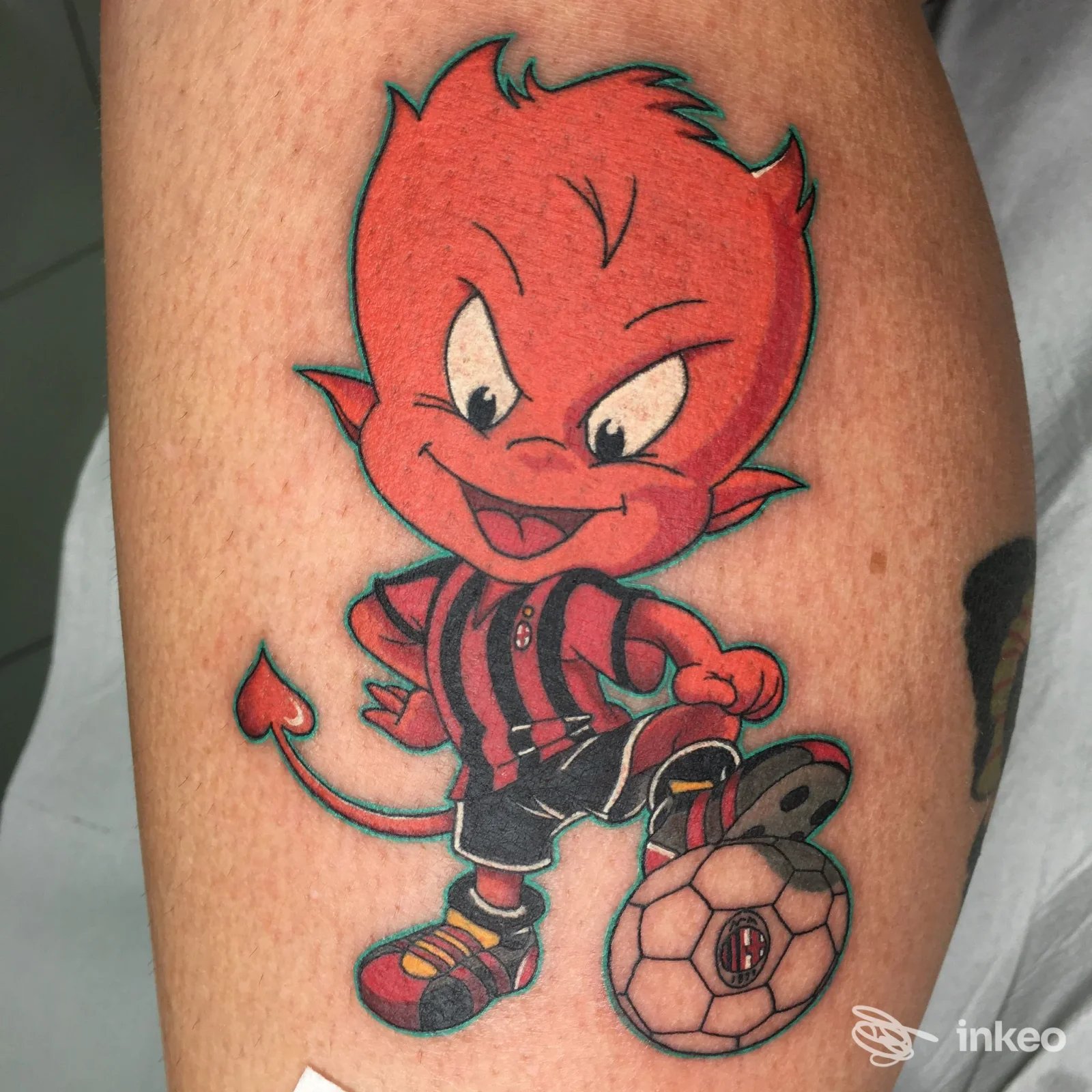 Tatuaggio colorato stile cartoon di un diavoletto con pallone sul polpaccio, fotografato da Mantra Tattoo Studio, Este.
