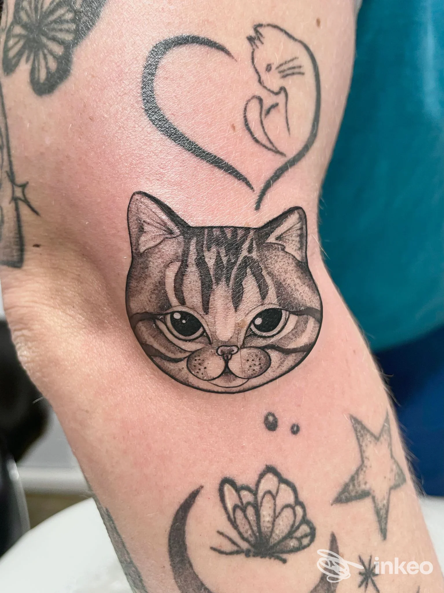Tatuaggio a inchiostro nero della testa di un gatto su avambraccio, foto fornita da PELLE D’OCA tattoo studio a Breganze.