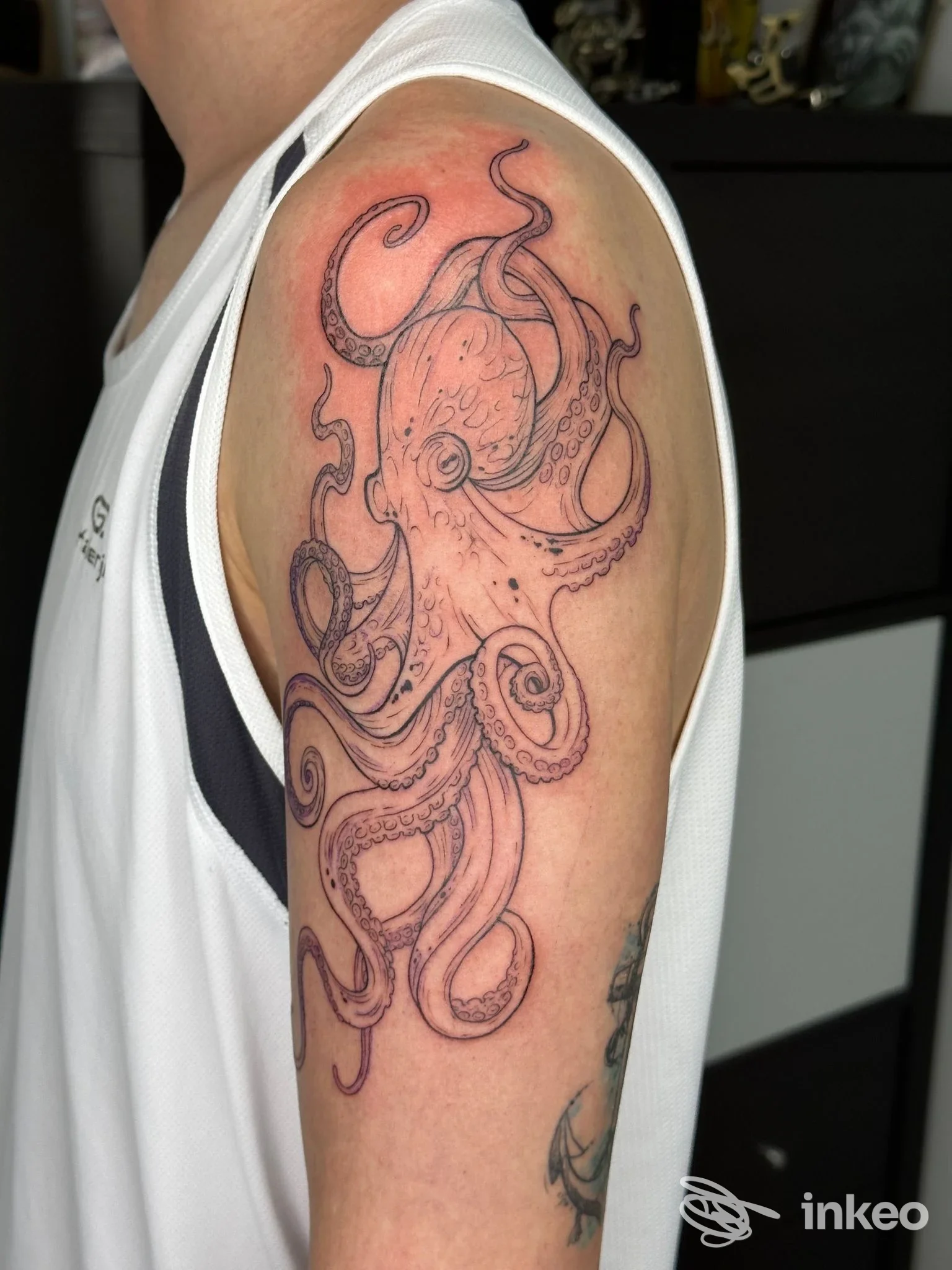 Grande tatuaggio a polpo sul braccio superiore, foto dello svolgimento presso Moon River Tattoo Studio a Robegano.