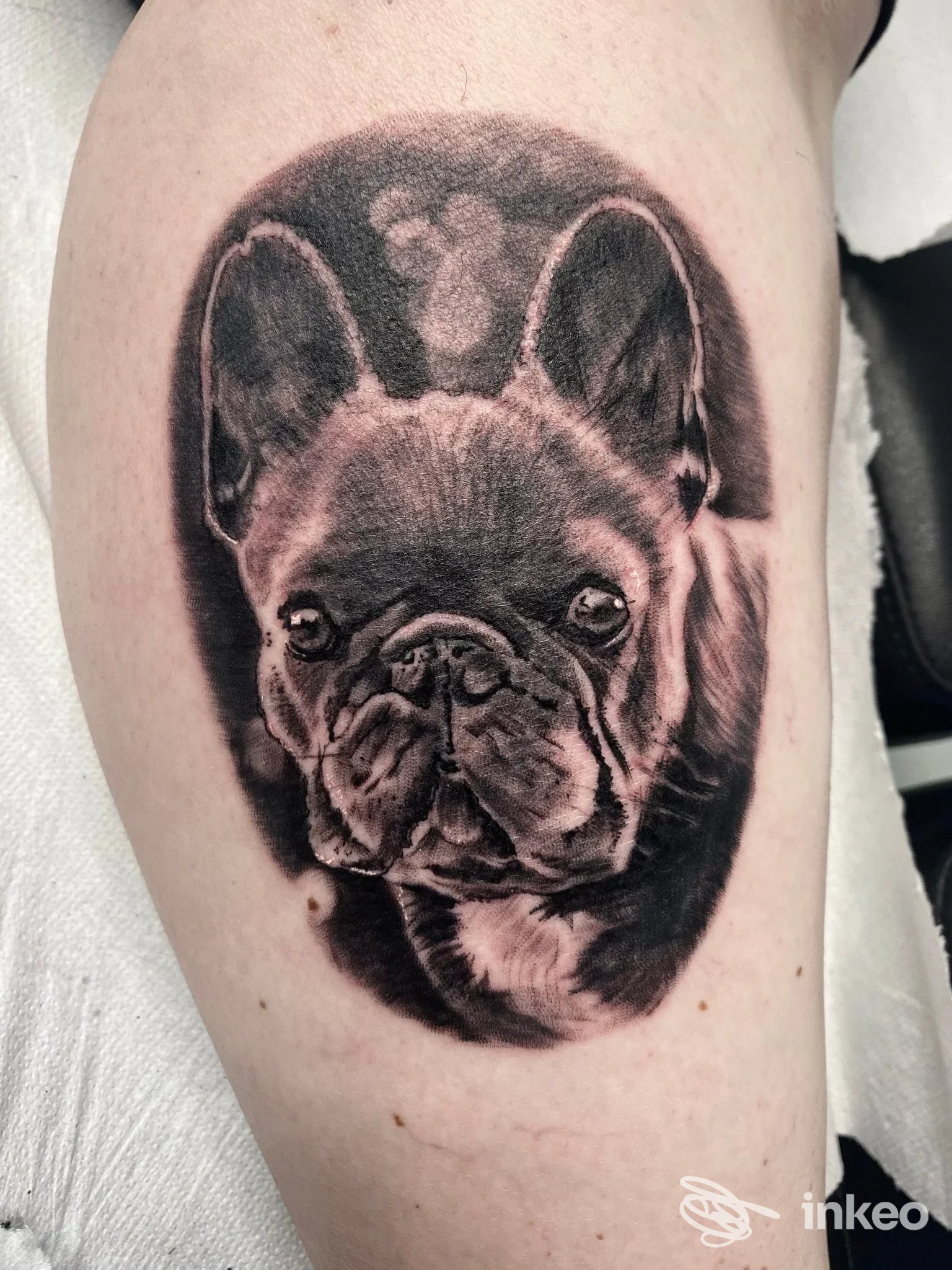 Tatuaggio realistico in bianco e nero di un bouledogue sulla coscia. Progressive Ink Tattoo, Dueville.