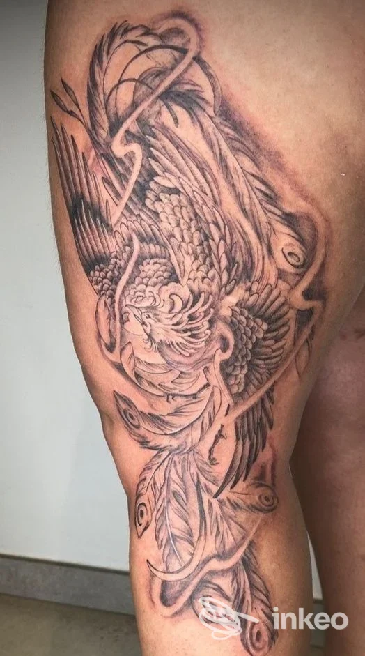 Tatuaggio in bianco e nero a piume sulla coscia, foto fornita da Queen Of Ink Clinique Tattoo, Villa Fontana.