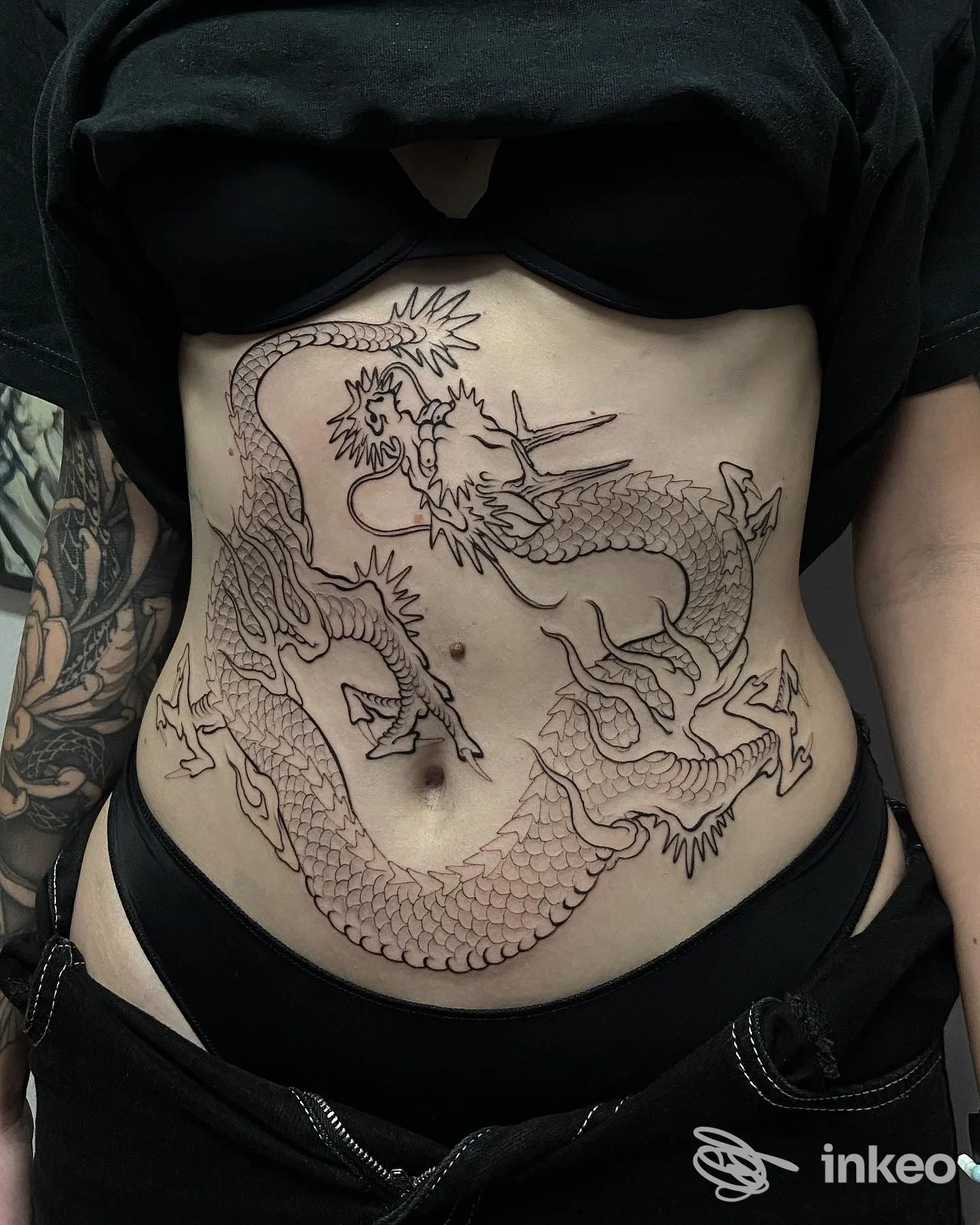 Ampio tatuaggio a drago sull'addome fotografato in studio; Serpe in Seno Tattoo, Badoere.