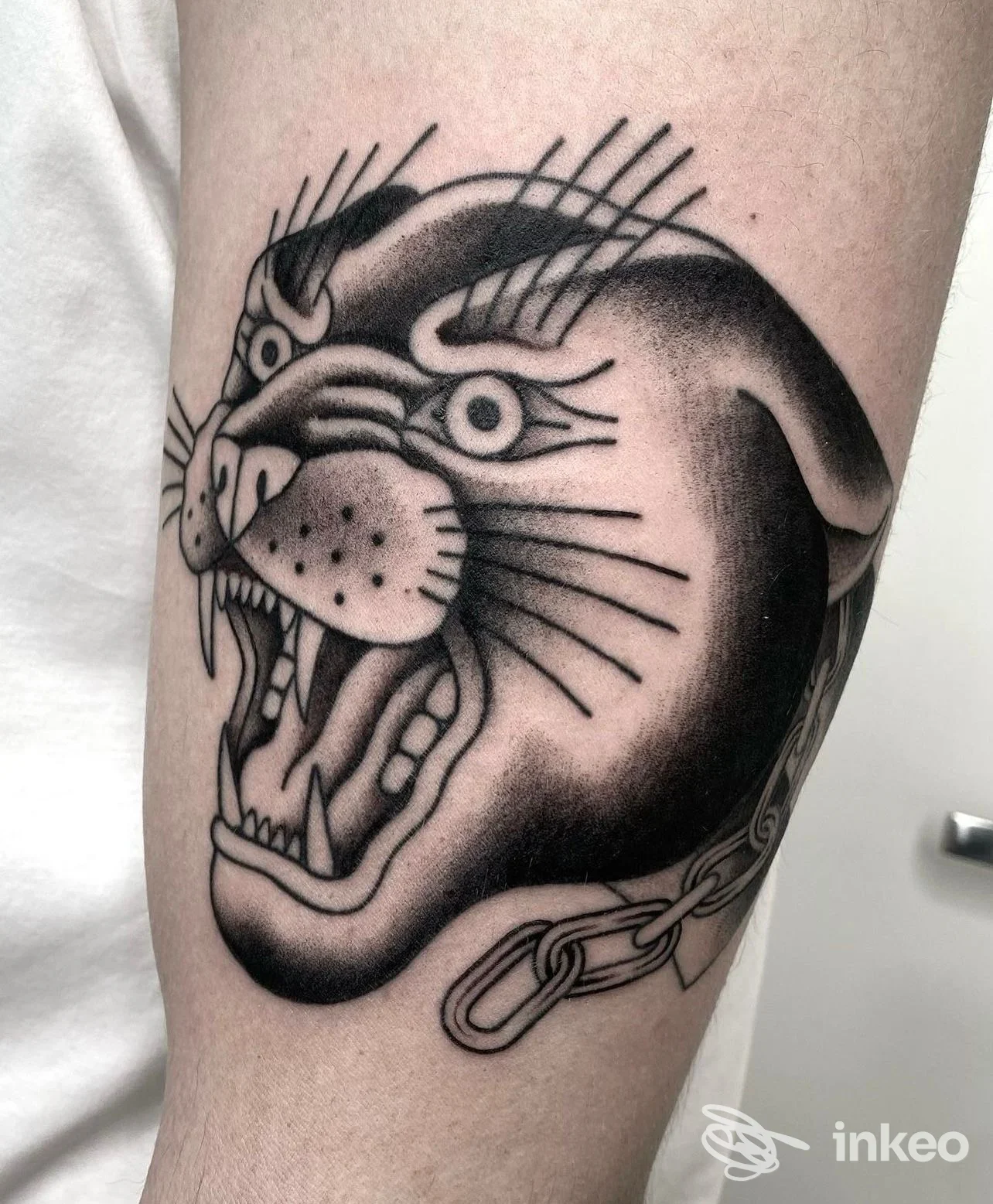 Tatuaggio testa di pantera in bianco e nero sul braccio, fotografato presso SUMISURA TATTOO STUDIO a Solesino.