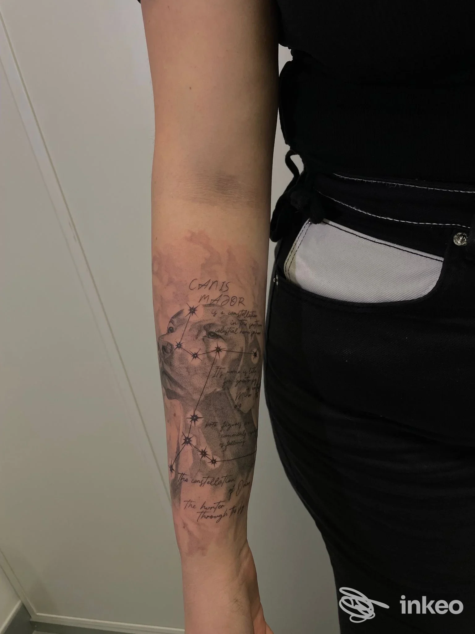 Tatuaggio sull'avambraccio con costellazioni e scritte, foto inviata da Sketch Tattoo a Cerea.