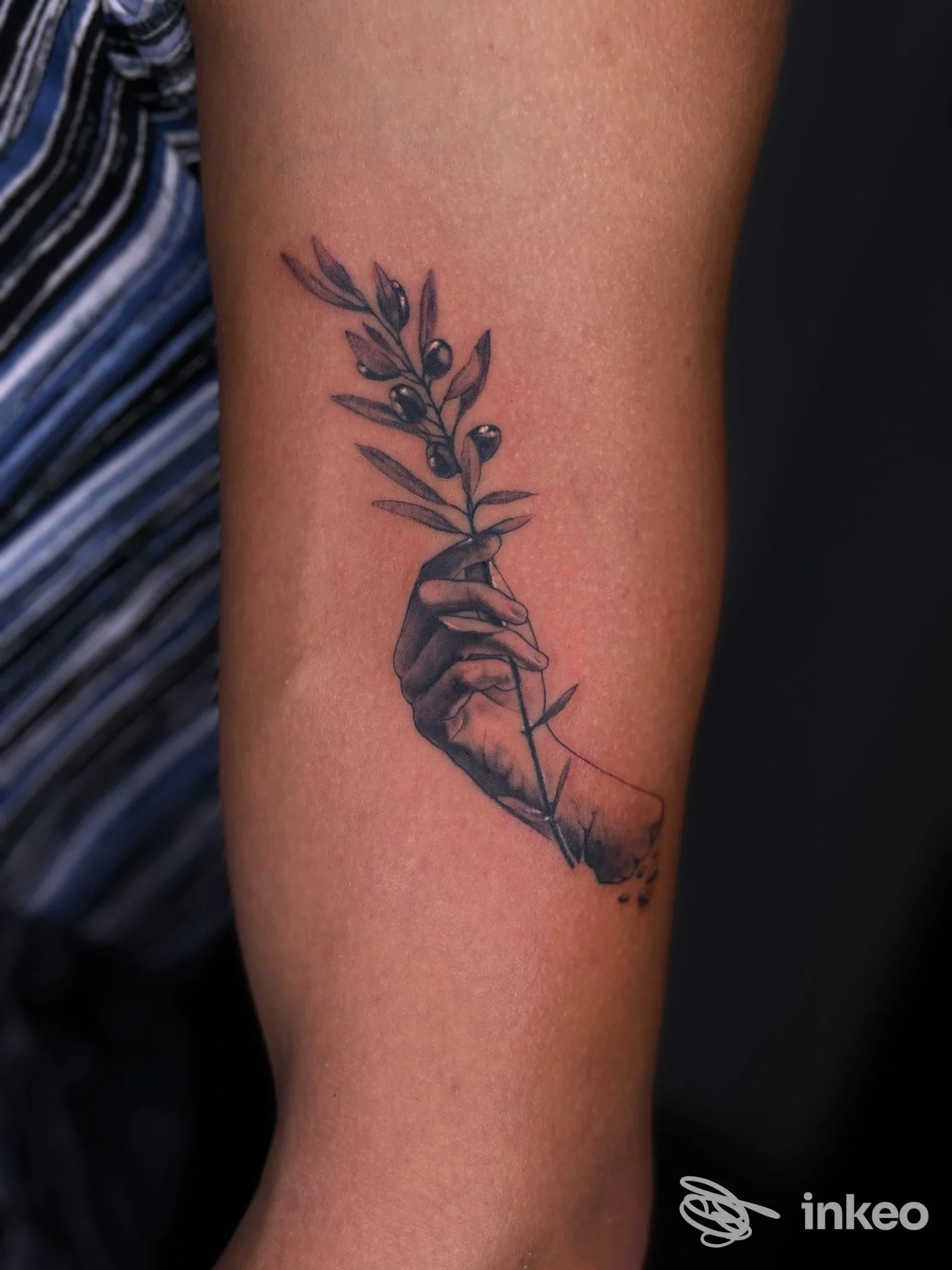 Tatuaggio su avambraccio raffigurante una mano che tiene un ramo, foto inviata da Sourya Tattoo Studio, Marghera.