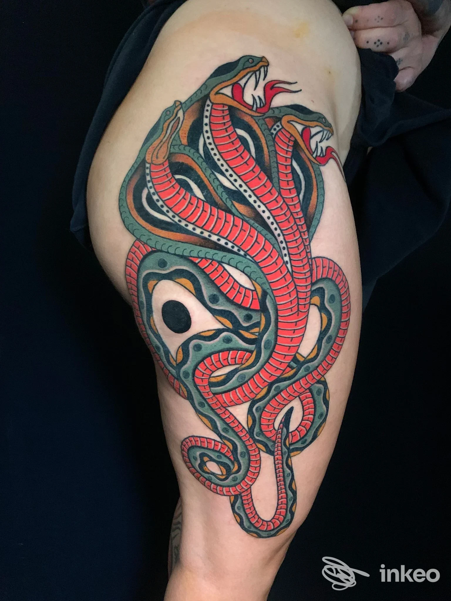 Grande tatuaggio a colori di serpenti intrecciati sulla coscia, fotografato per Skingdom Tattoo a Volpago del Montello.