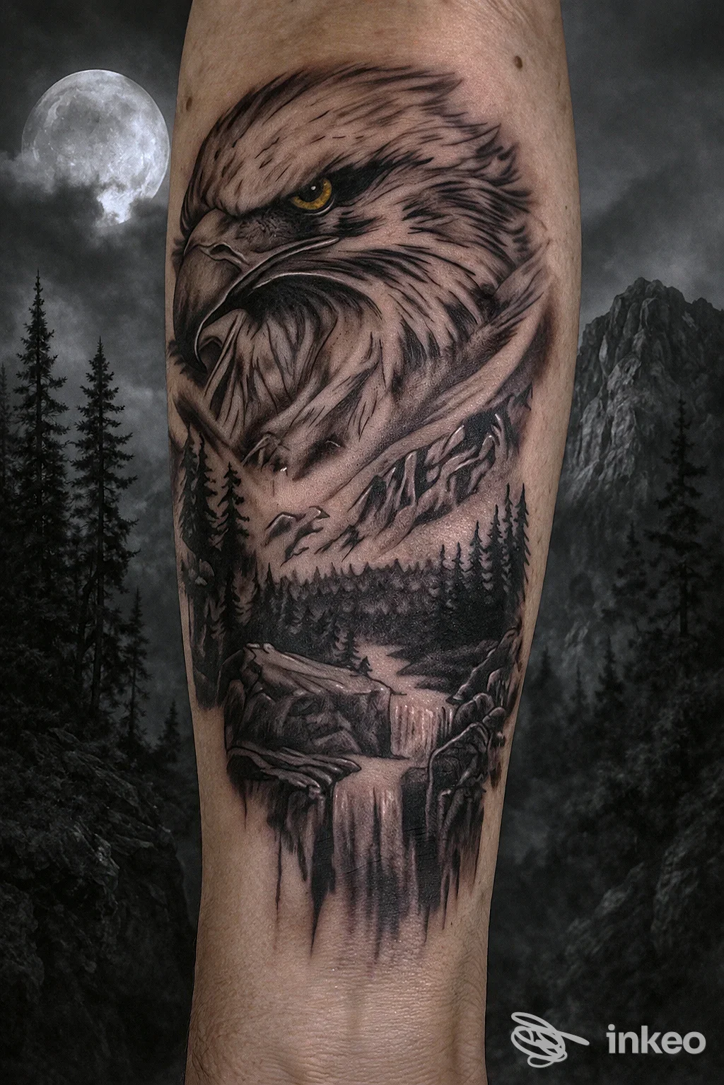 Tatuaggio realista di aquila e paesaggio su avambraccio, realizzato da TATTOO STUDIO di Juri Scalco a Longare.