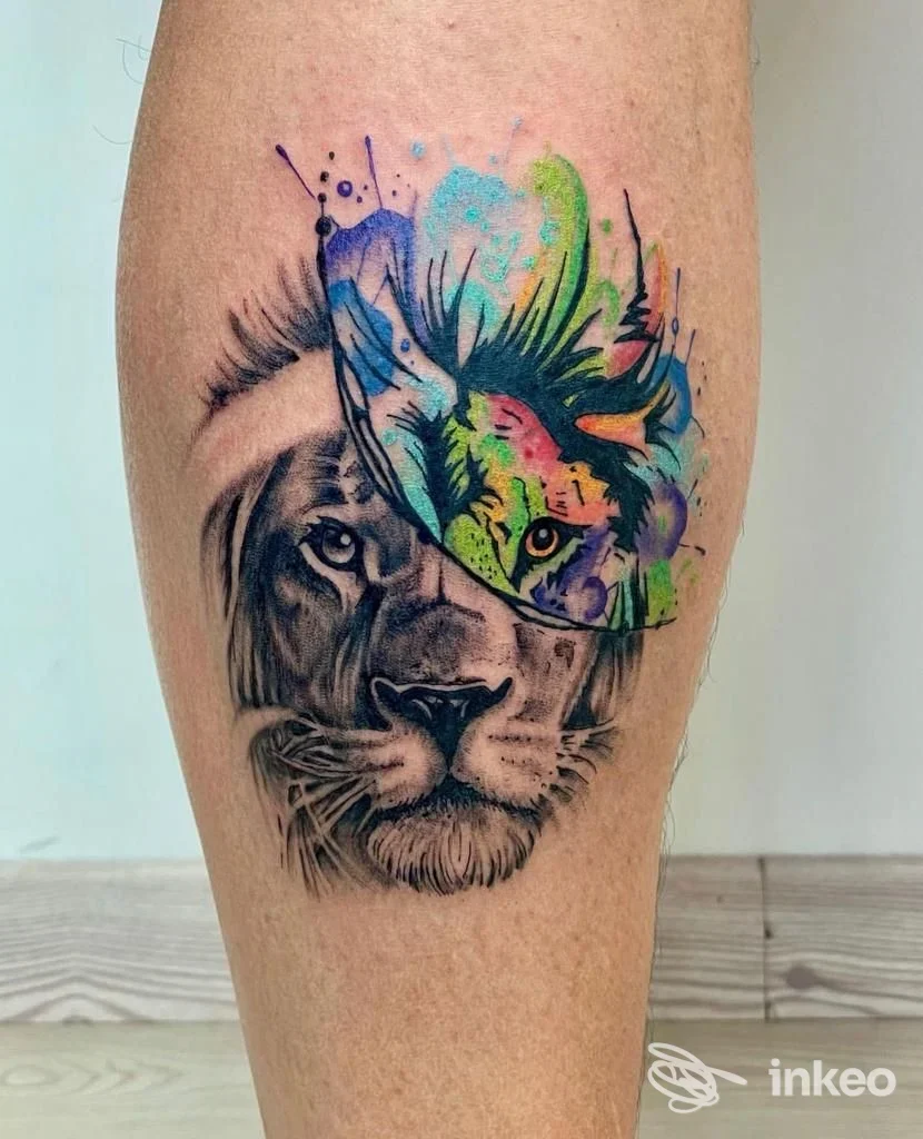 Tatuaggio su polpaccio raffigurante un leone realistico in nero con sovrapposizione acquerello colorata a forma di uccello, Tattoo Utopia, Verona.