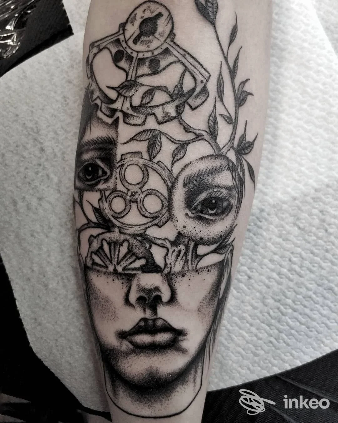 Tatuaggio in bianco e nero su avambraccio con volto stilizzato, elementi geometrici e foglie – Testudo Corium Tattoo, Villafranca di Verona.