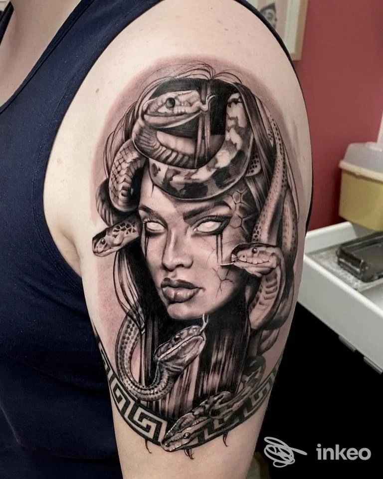 Grande tatuaggio black & grey con volto femminile e serpenti, realizzato da All Ink Tattoo Studio Valerio-Paolo a Verona, sul braccio.