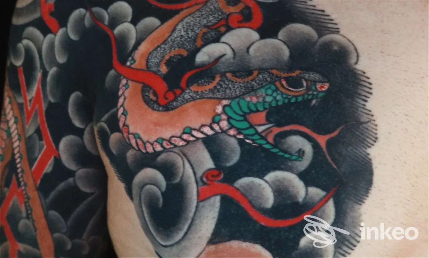 Dettaglio di un tatuaggio con serpente e nuvole sul costato, realizzato da Adrenalink Tattooing a Quinto.