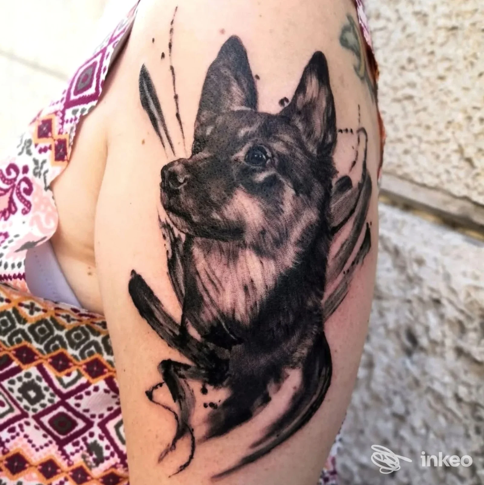 Tatuaggio ritratto di cane in nero/grigio sul braccio superiore, foto fornita da Hold Fast Tattoo, Verona.