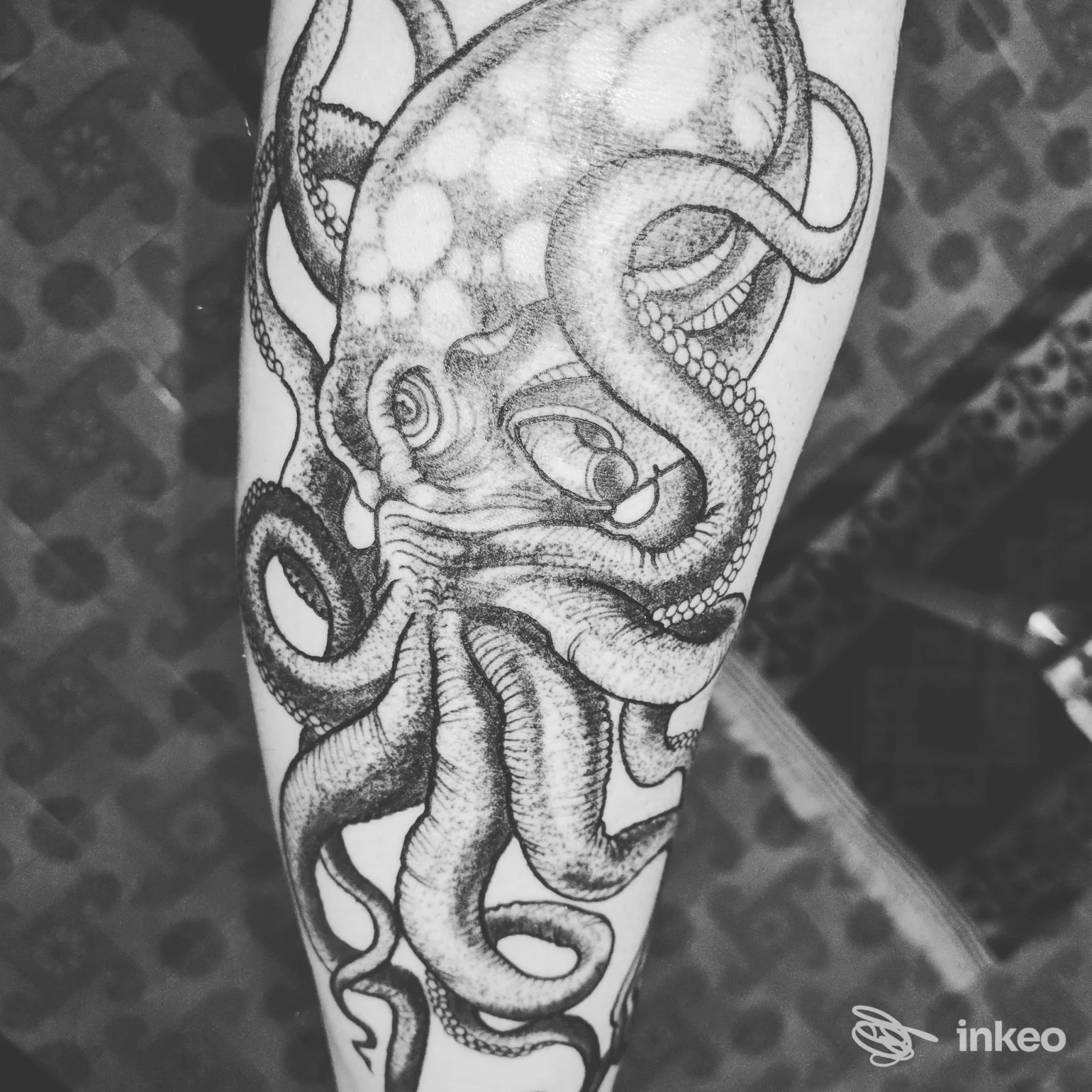 Tatuaggio di un polpo sull'avambraccio, fotografato nello studio Indastria Piercing & Tattoo a Padova.