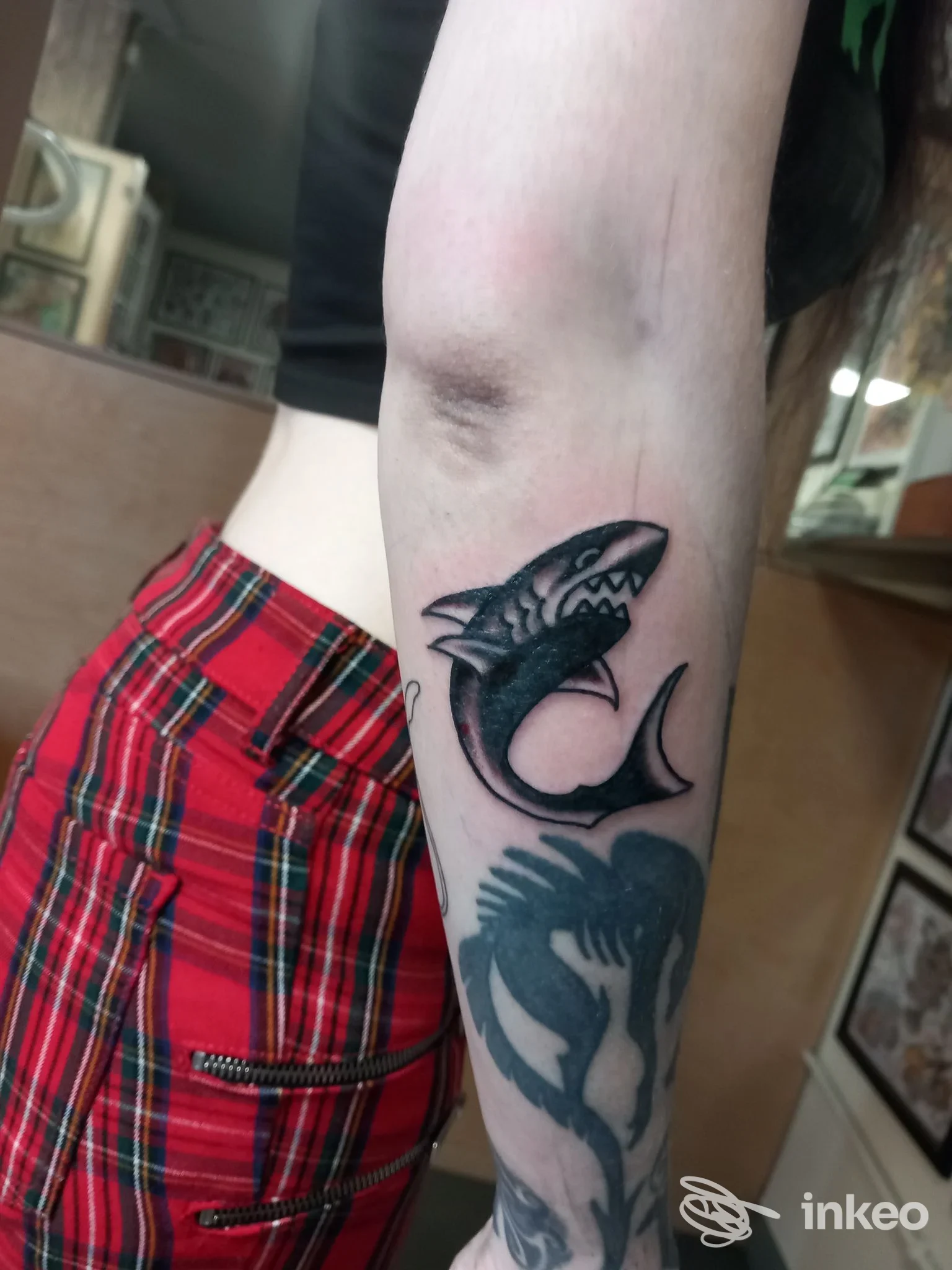 Primo piano di un tatuaggio a forma di squalo sull'avambraccio. Ink Addiction Tattoo Shop, Verona.
