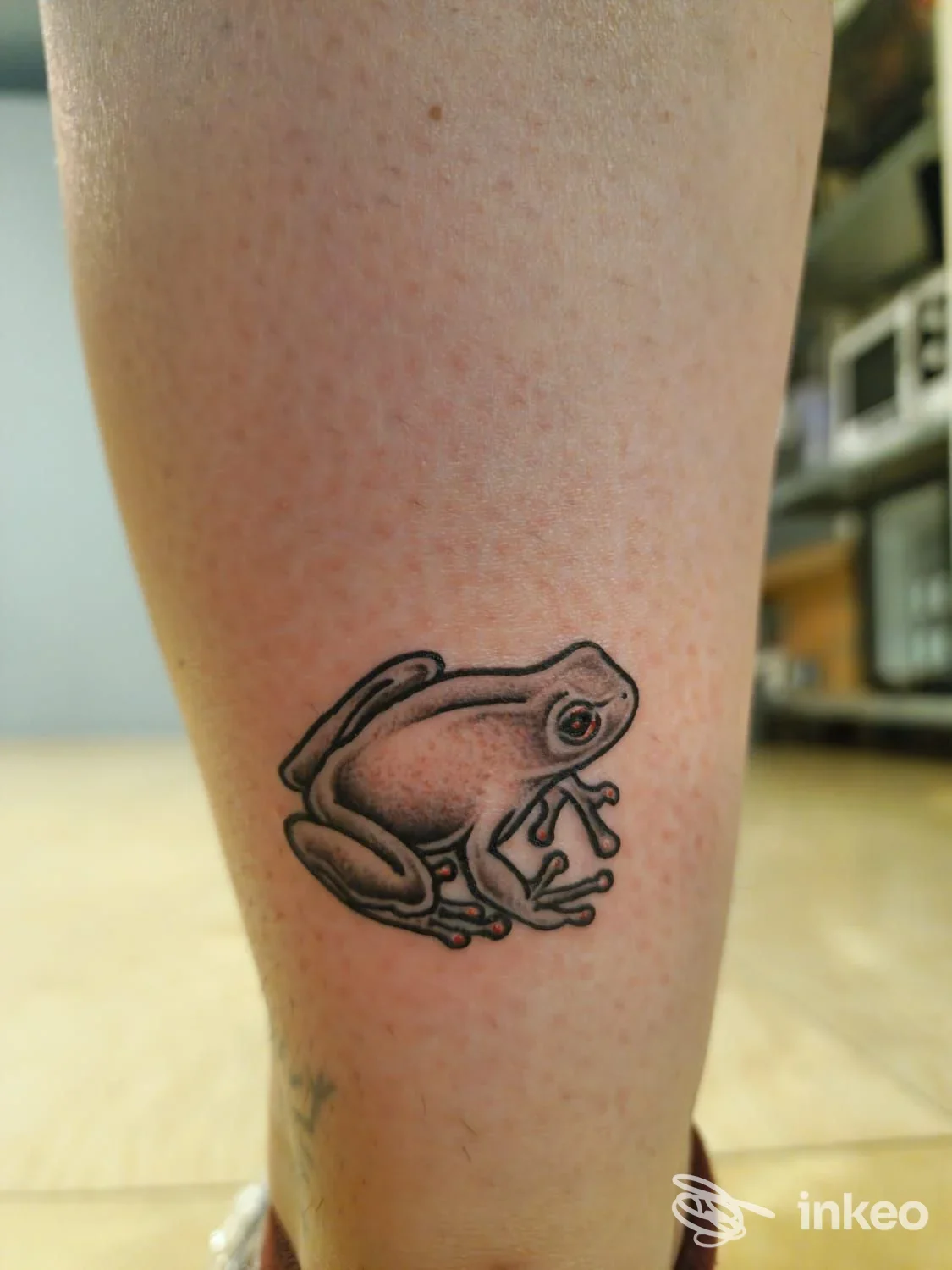 Tatuaggio di una rana sul polpaccio, foto fornita da Ink Addiction Tattoo Shop a Verona.