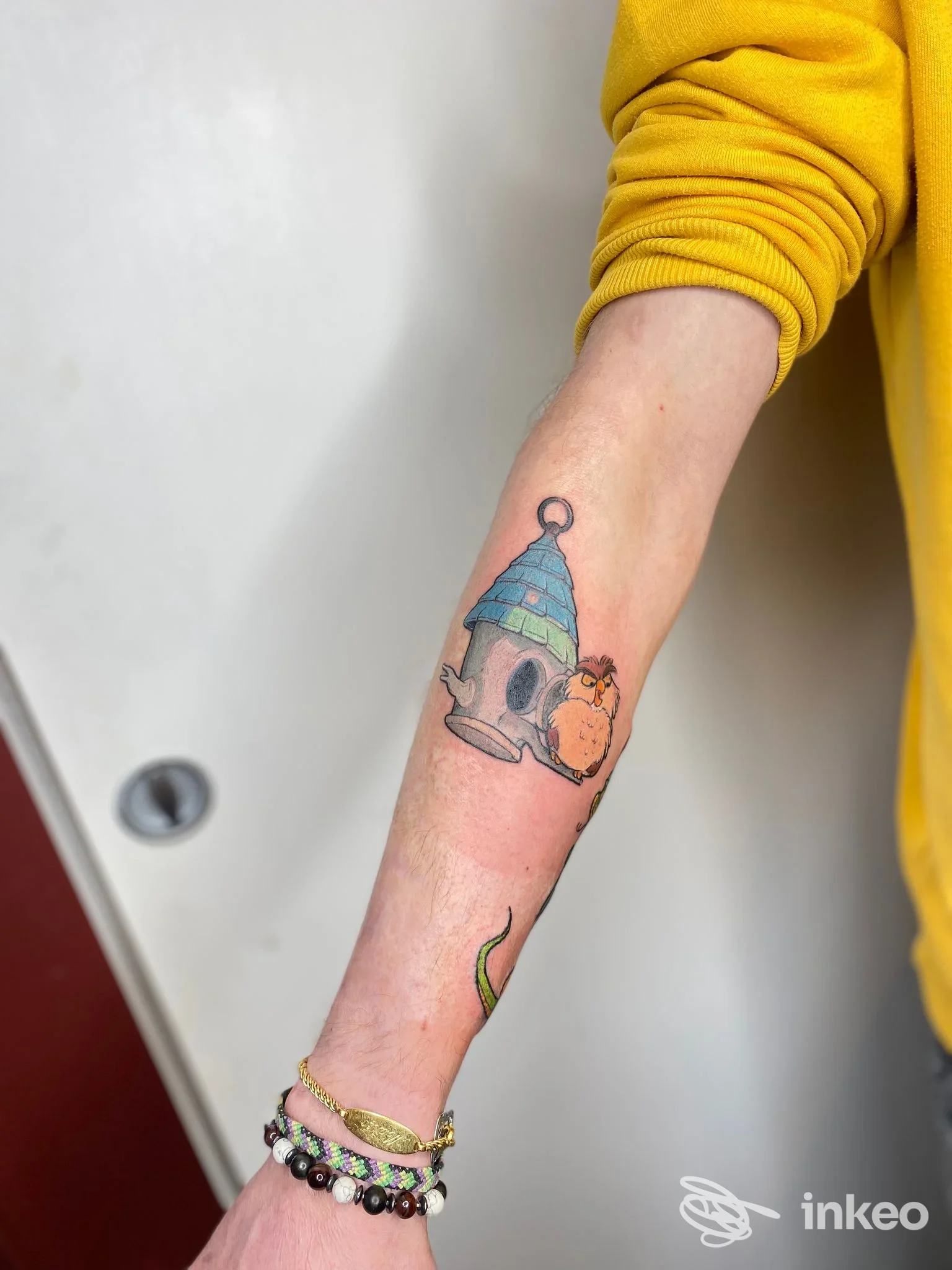 Primo piano di un tatuaggio colorato su avambraccio realizzato da La Bottega dei Ghirigori - Tattoo Studio, San Vito di Cadore.
