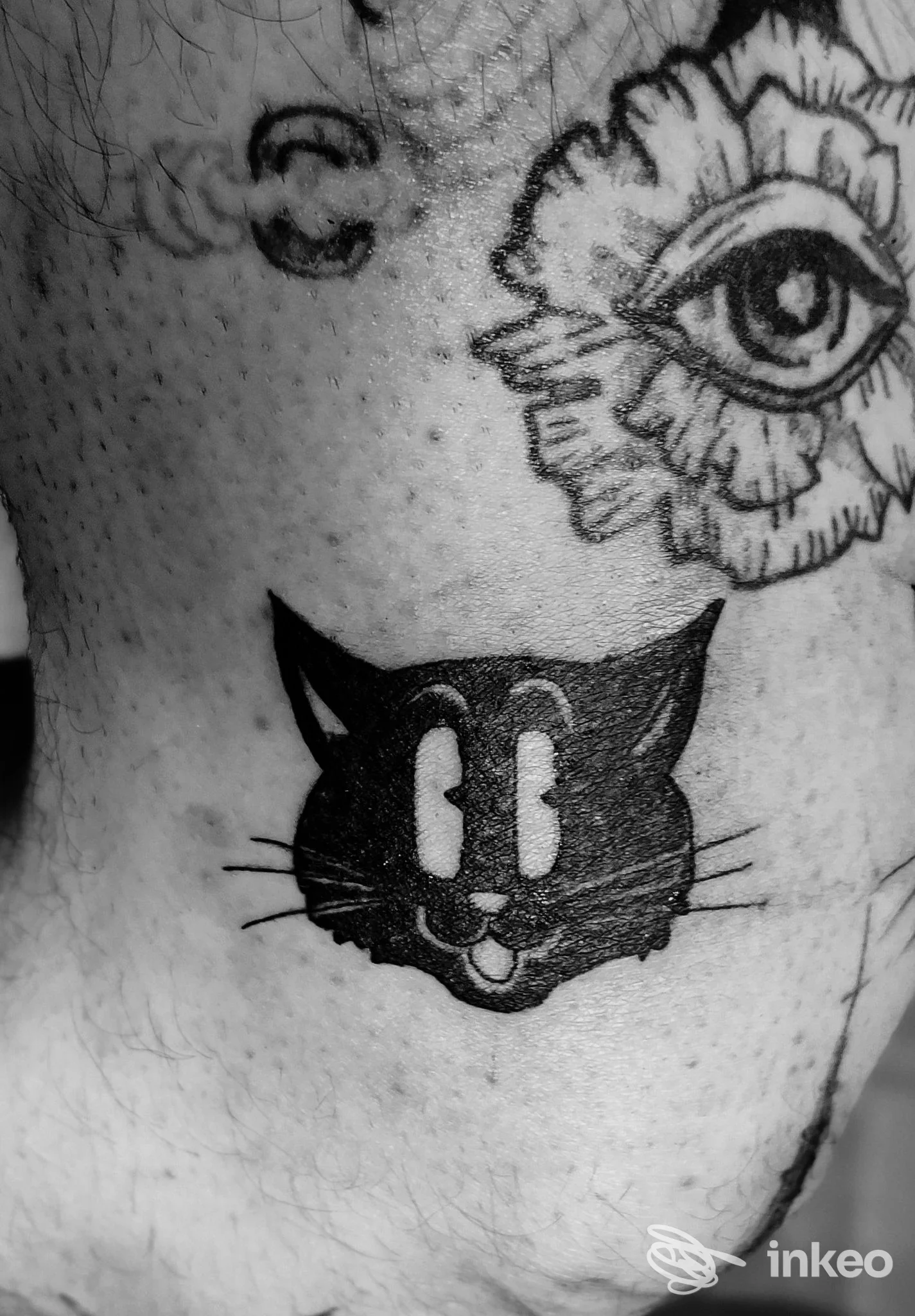 Tatuaggio nero di una testa di gatto su pelle, con un fiore e un occhio tatuati sopra — Male d'Inchiostro Tattoo Studio, Bassano del Grappa.