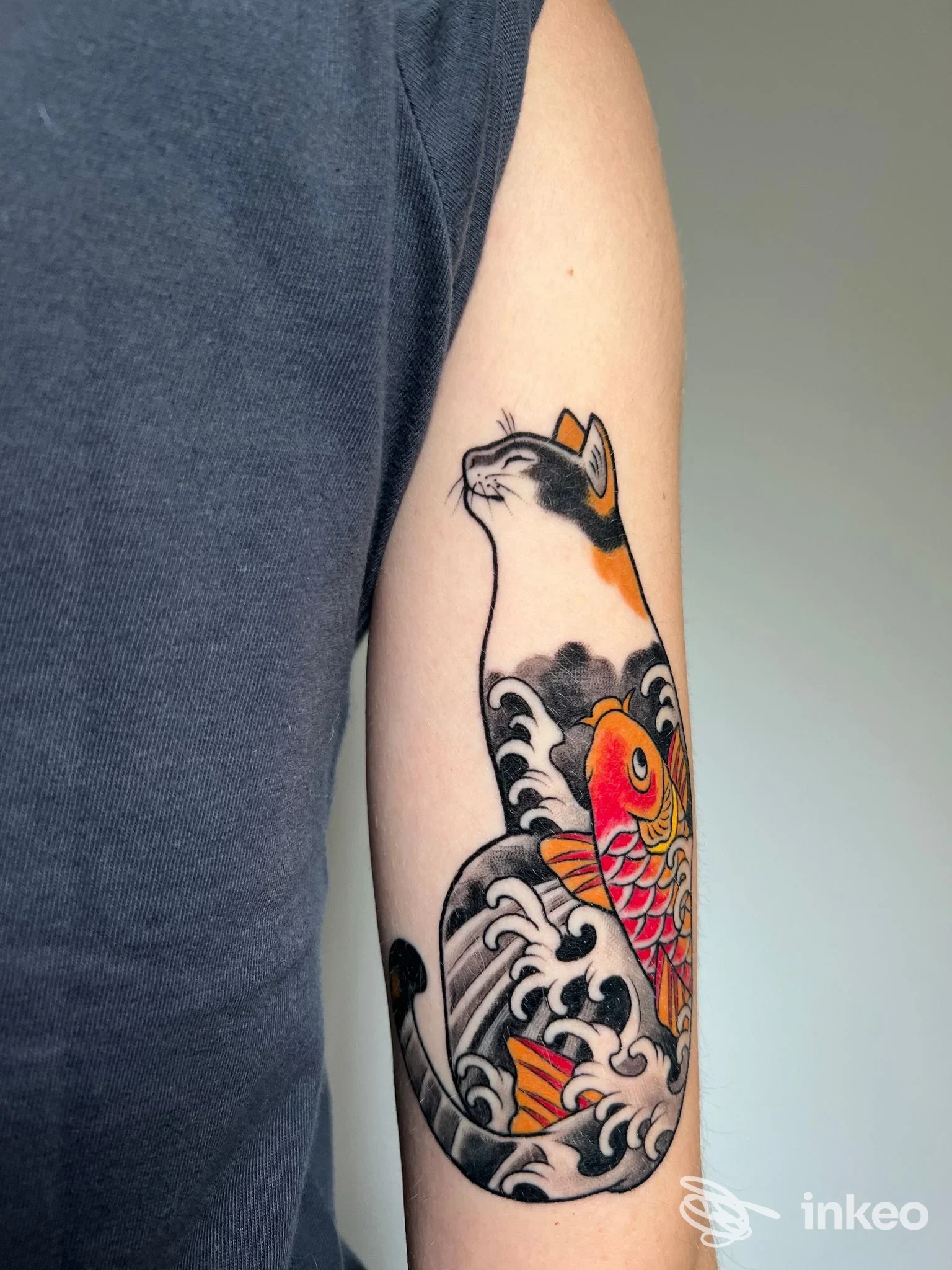 Tatuaggio a colori su avambraccio raffigurante gatto con carpa e onde — Nessuna Lacrima Tattoo Studio, Belvedere.