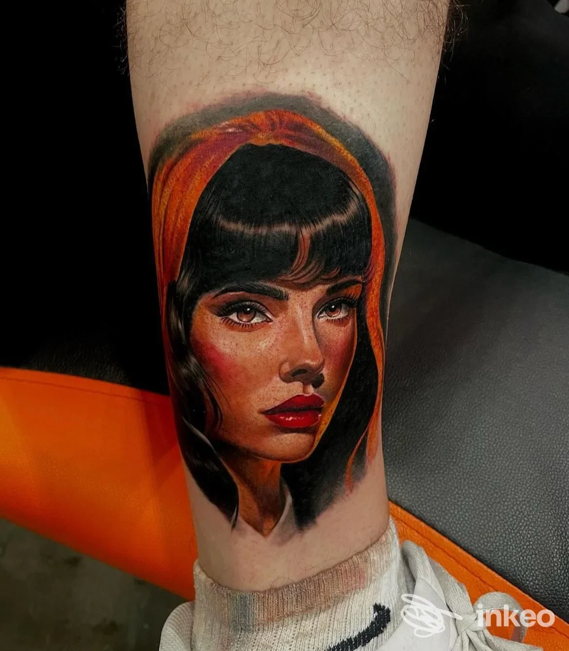 Ritratto realistico tatuato sul polpaccio, lavoro a colori presentato da NiMa Piercing Tattoo e... ad Asolo.