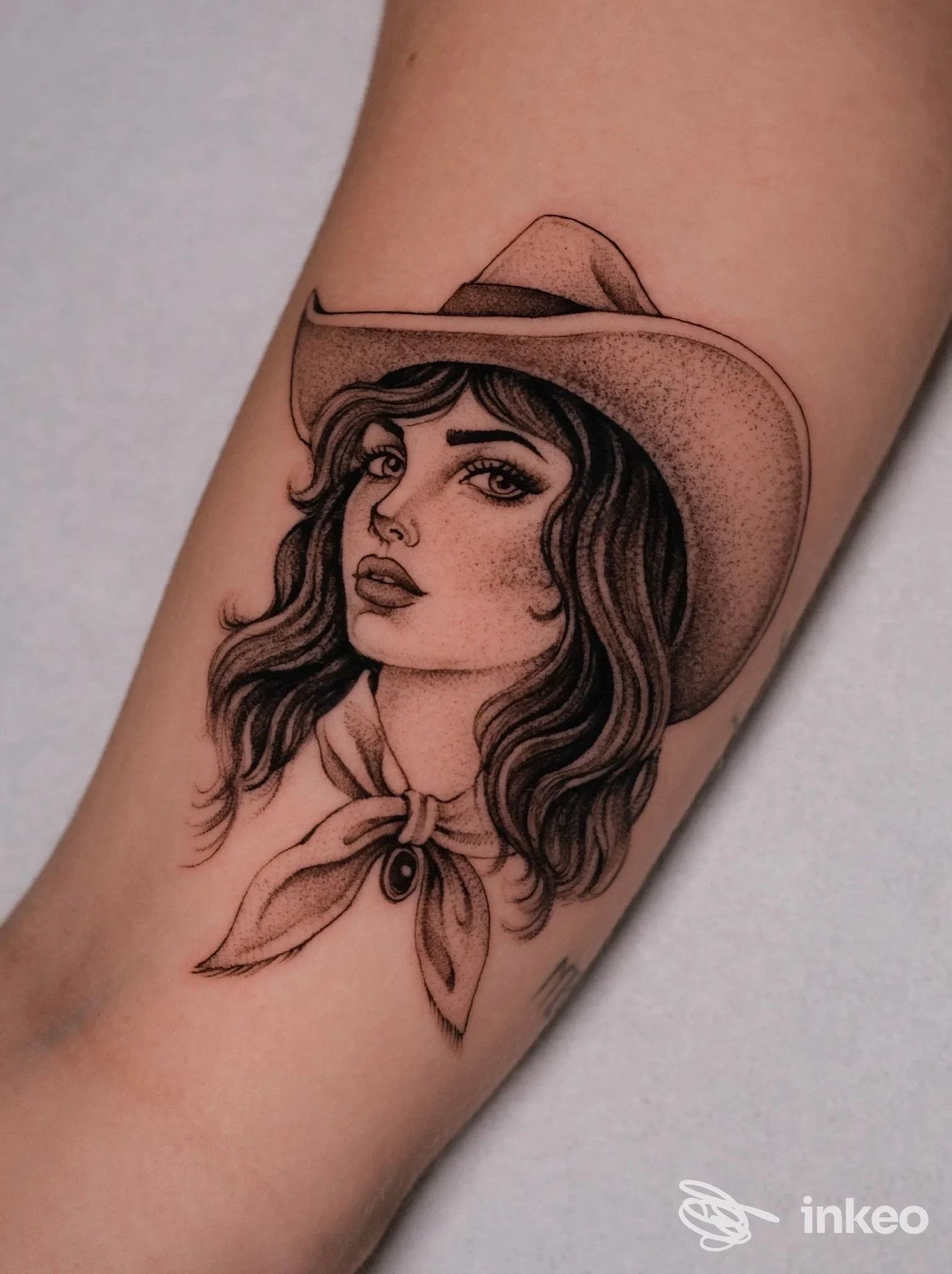 Tatuaggio su avambraccio: volto femminile con cappello da cowboy, lavoro di ORONERO tattoo studio a Rubano.