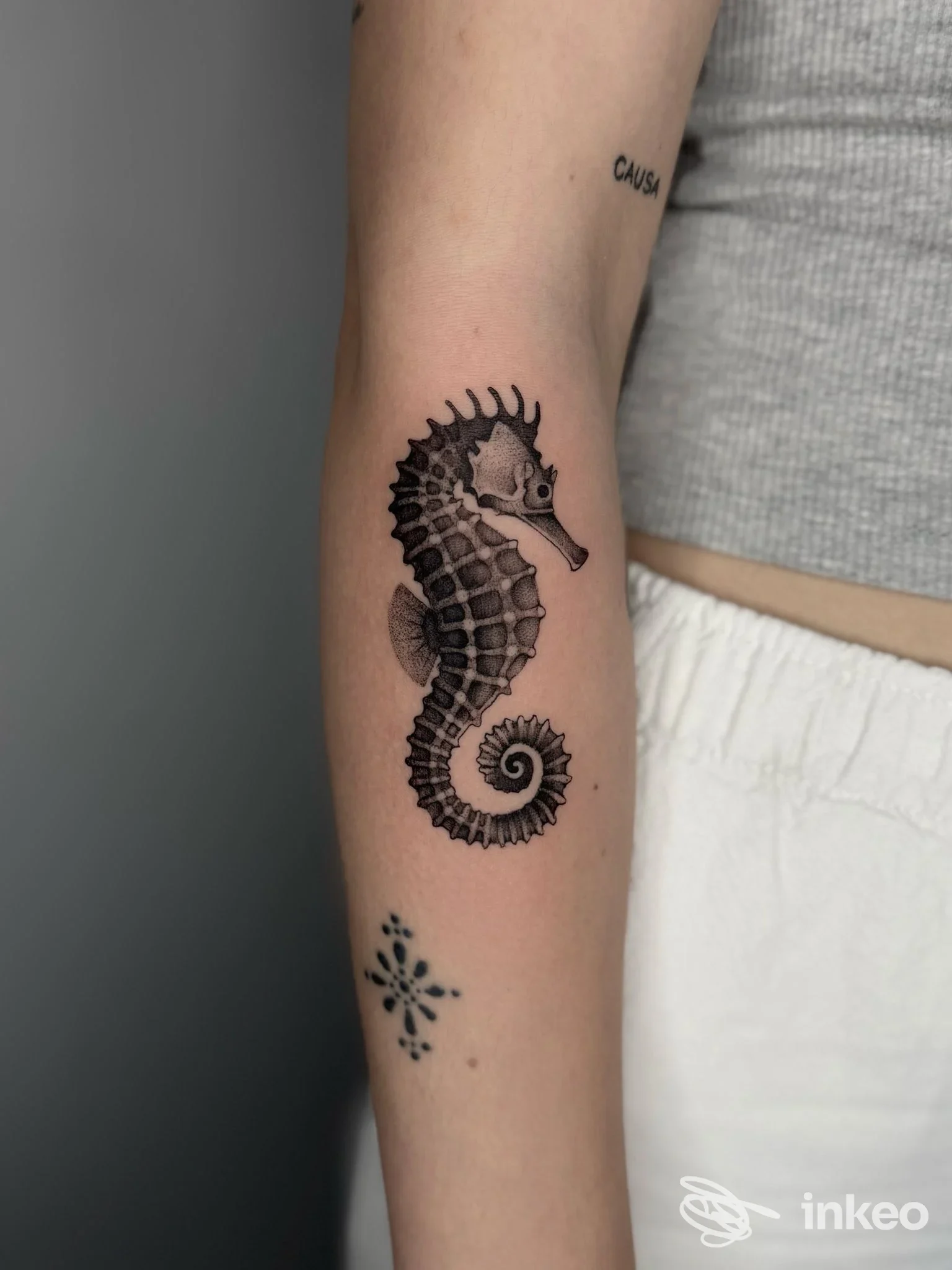 Primo piano di un tatuaggio di cavalluccio marino in nero su avambraccio, foto per ORONERO tattoo studio a Rubano.