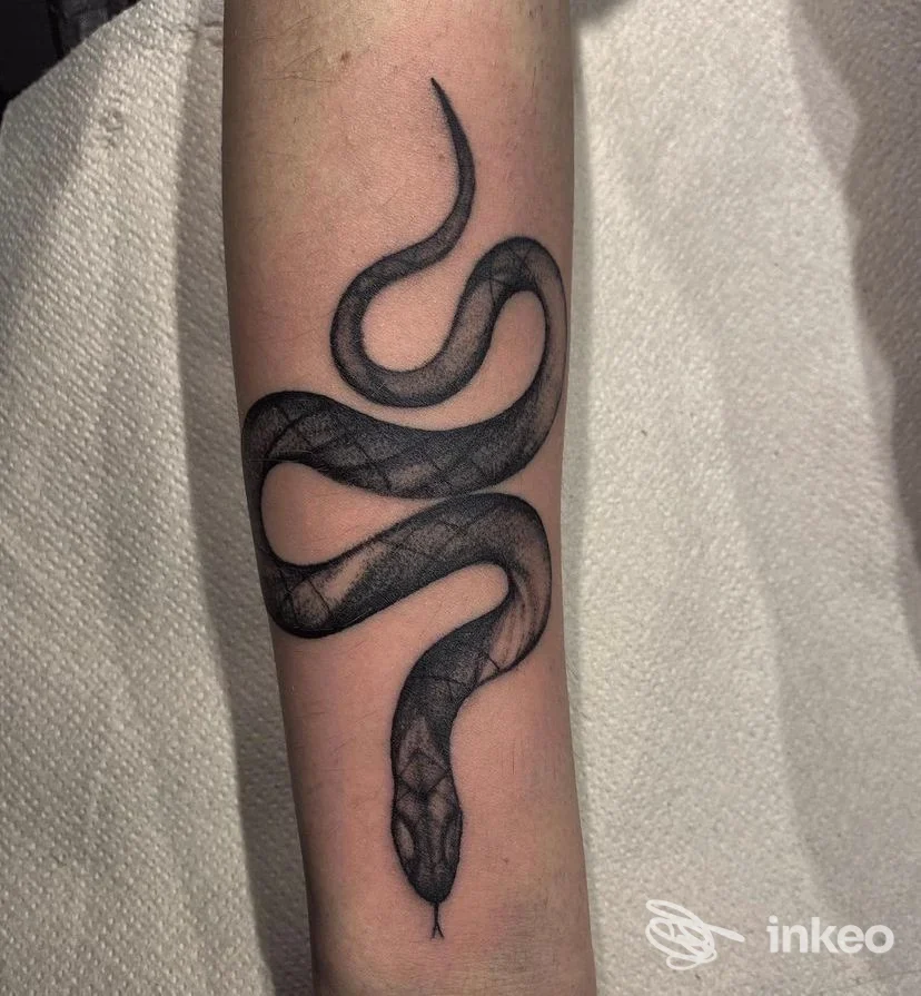Tatuaggio a serpente nero sull'avambraccio, foto inviata da Oldline Tattoo Studio a Sandrigo.