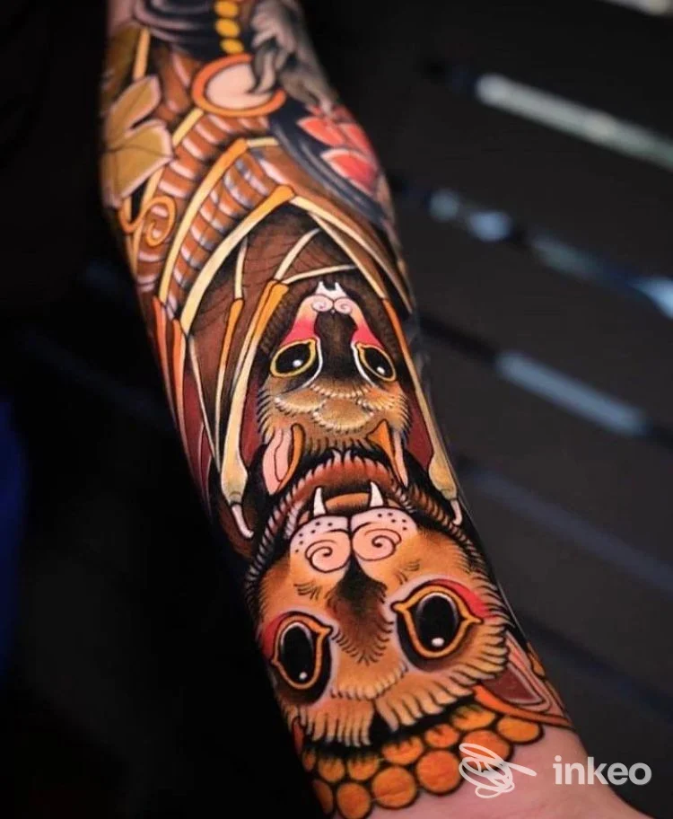 Primo piano dell'avambraccio tatuato con una manica colorata in stile neo-tradizionale, volti stilizzati e motivi geometrici, lavoro eseguito da SYMBOLS - Professional Body Piercing & Walk-in Tattoo Shop a Verona.