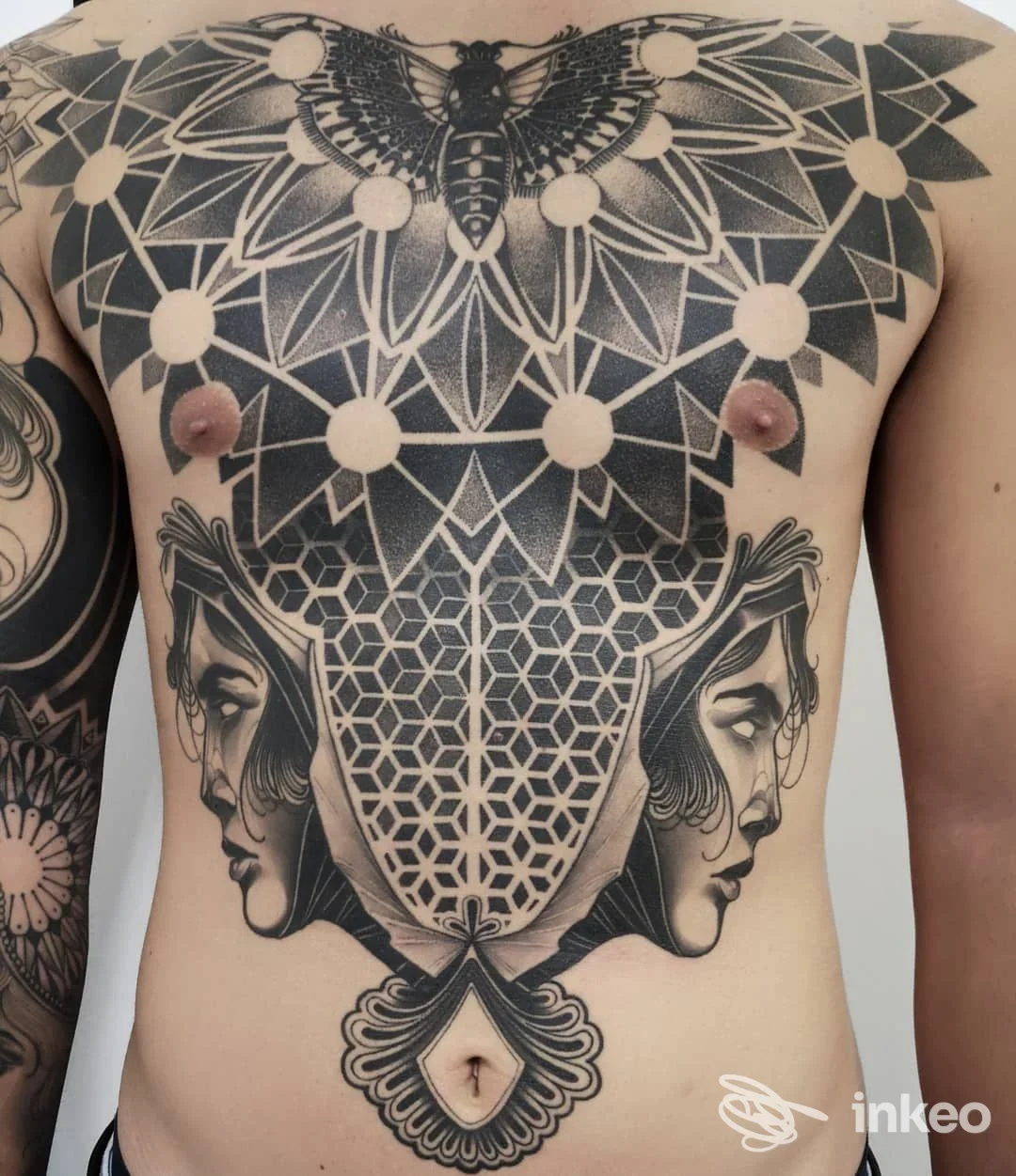 Tatuaggio a pieno petto con motivi geometrici, falena e volti femminili su torace e addome, Speranza Tatuaggi, Vicenza