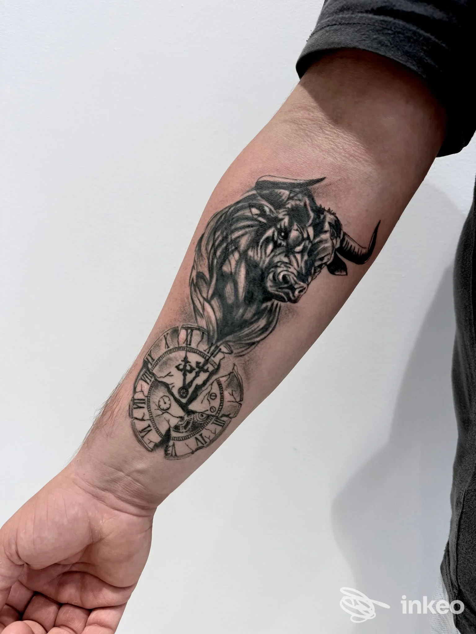 Tatuaggio in bianco e nero sul avambraccio con testa di toro e orologio, foto caricata per Studio53 tattoo shop, Codiverno.