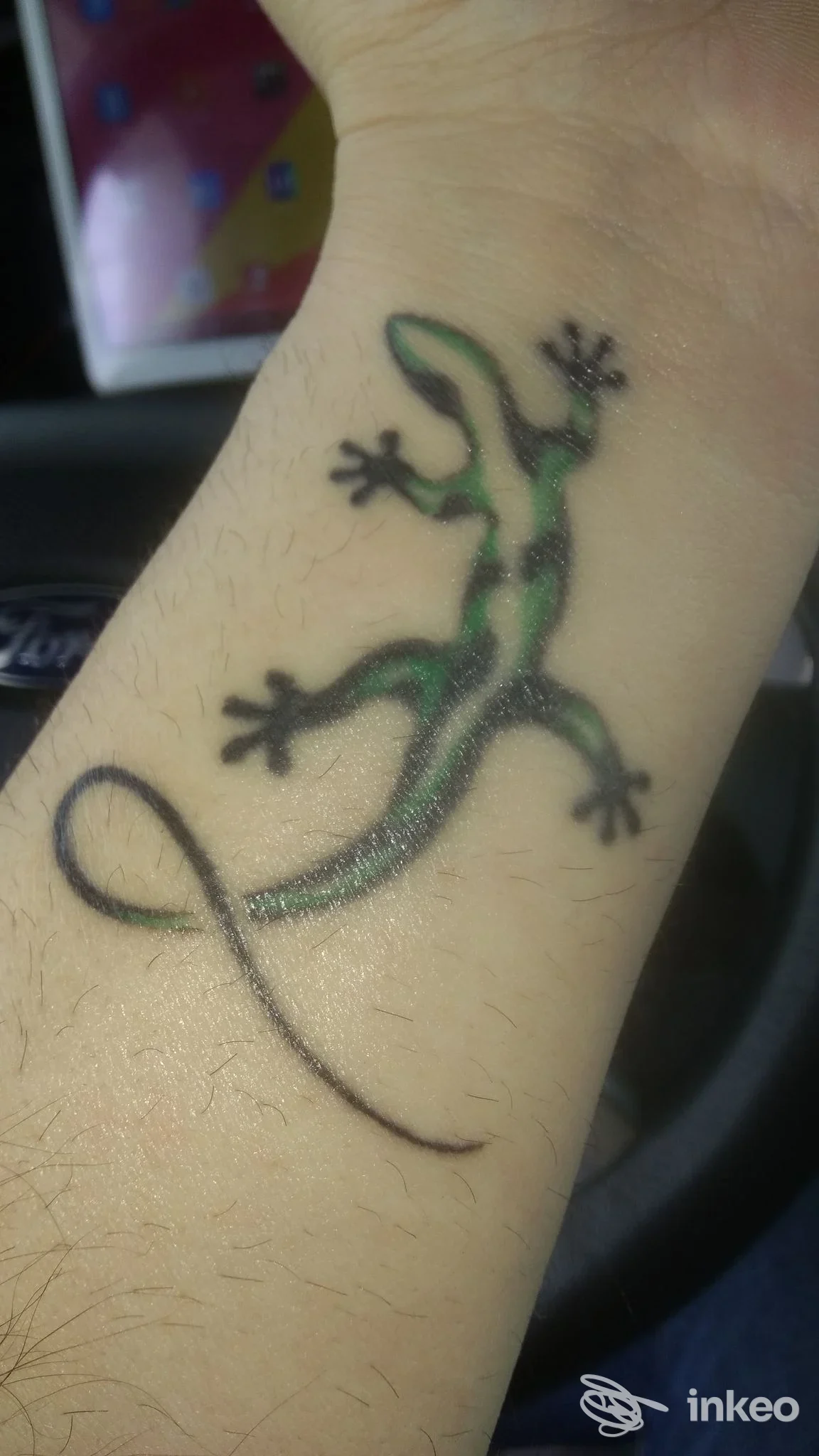 Tatuaggio a Venezia presso Tattoo Mania Di Marco Vitturi: lucertola verde e nera sul polso/avambraccio.