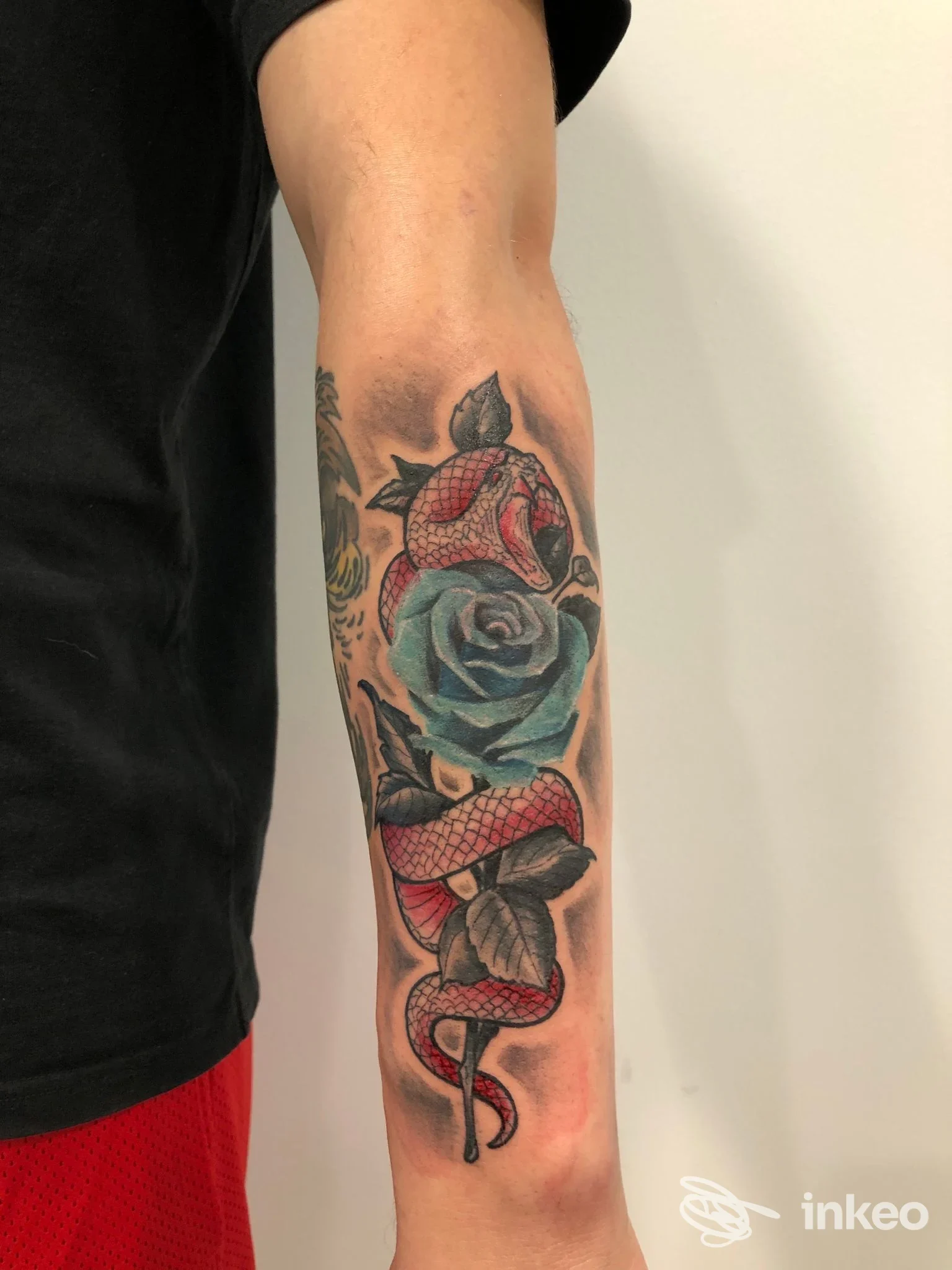 Tatuaggio serpente avvolto attorno a una rosa sull'avambraccio, Tattoo Studio Santi E Peccatori, Padova.