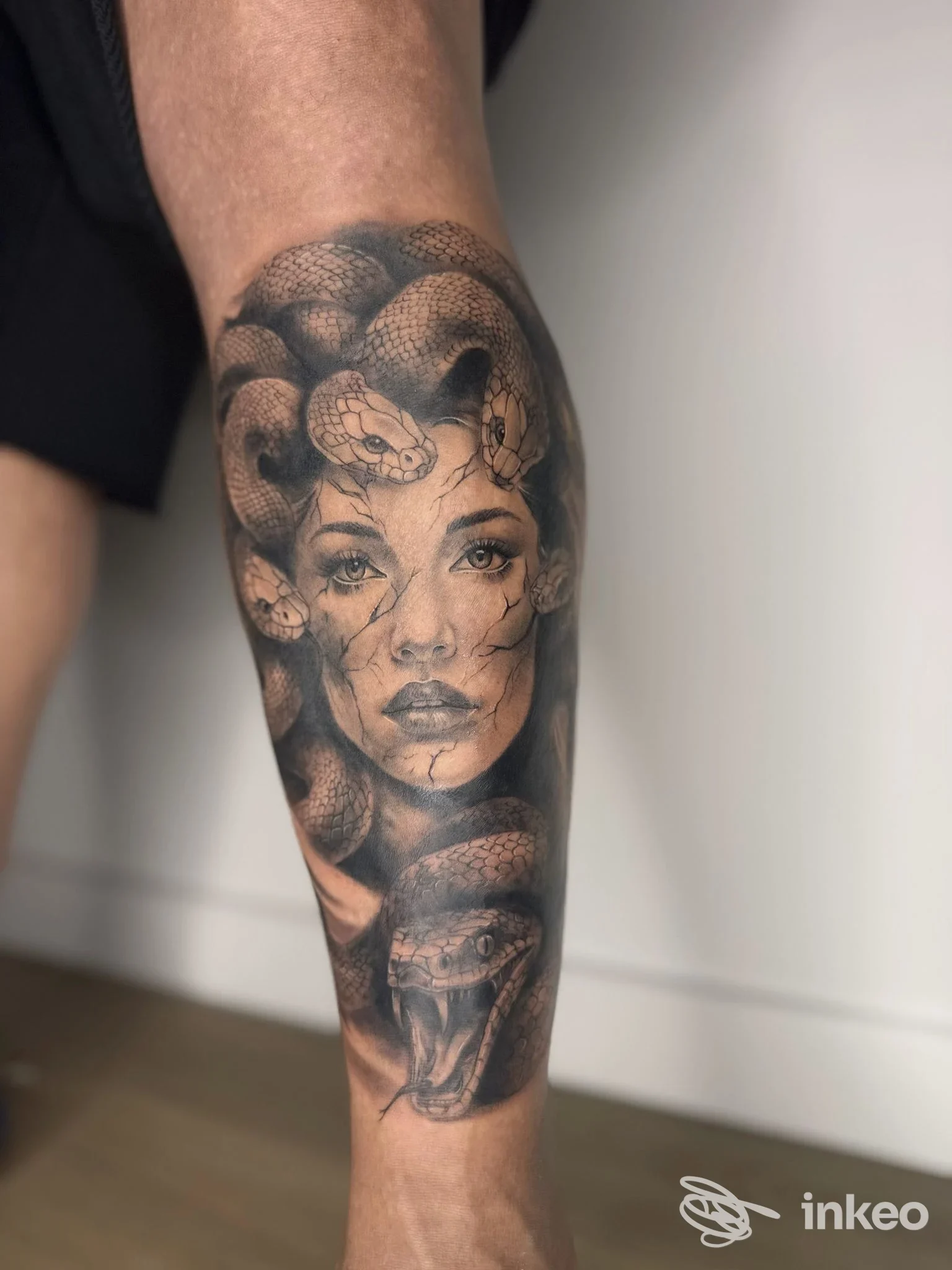 Tattoo realistico in bianco e nero su polpaccio con volto femminile e serpenti, immagine fornita da Arte Tattoo Studio, Matera.