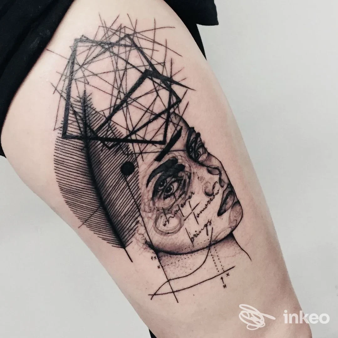 Tatuaggio grande in nero su coscia: ritratto stilizzato con elementi geometrici, Matera Ink Tatuaggi&Piercing, Matera