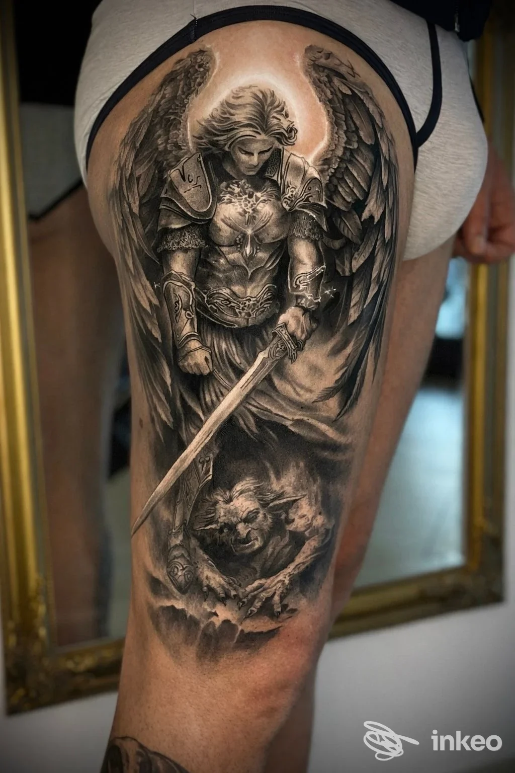 Grande tatuaggio realistico in bianco e nero su coscia: angelo guerriero con spada, foto fornita da Lorystattoo, Potenza.
